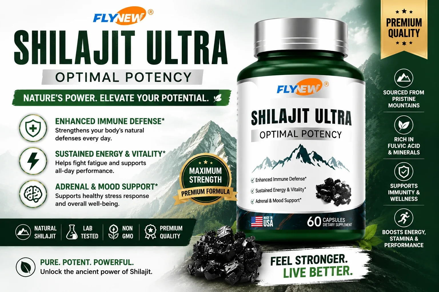Flynew Shilajit Ultra 410mg Complex: 7-in-1 Herbal Blend for Energy, Immune &amp; Mood Support