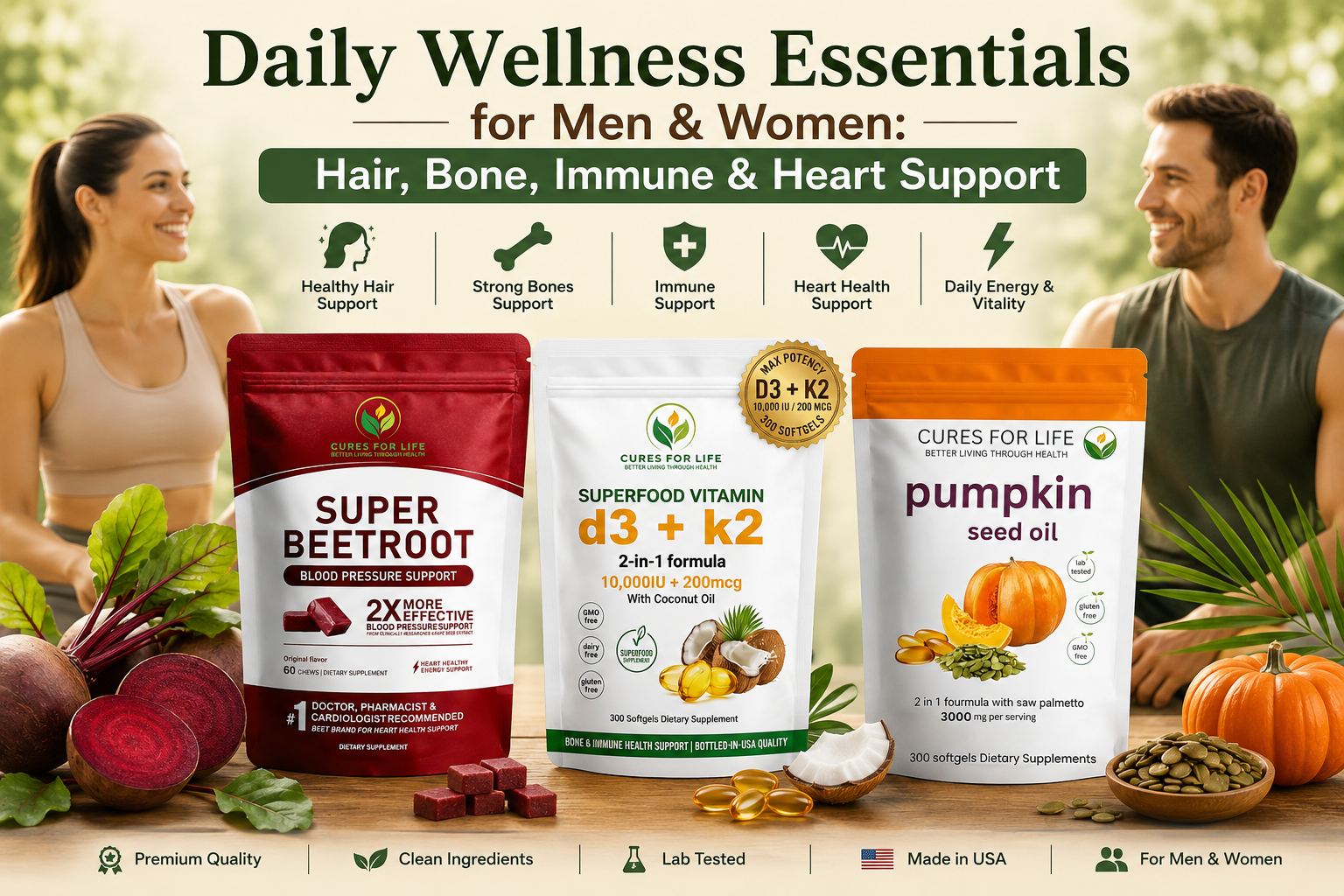 Daily Wellness Essentials for Men &amp; Women: Hair, Bone, Immune &amp; Heart Support