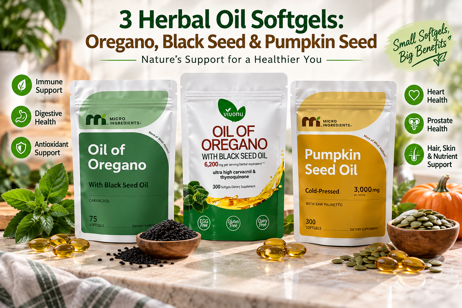 Herbal Oil Softgels: 3 Oregano, Black Seed &amp; Pumpkin Seed Oil Options