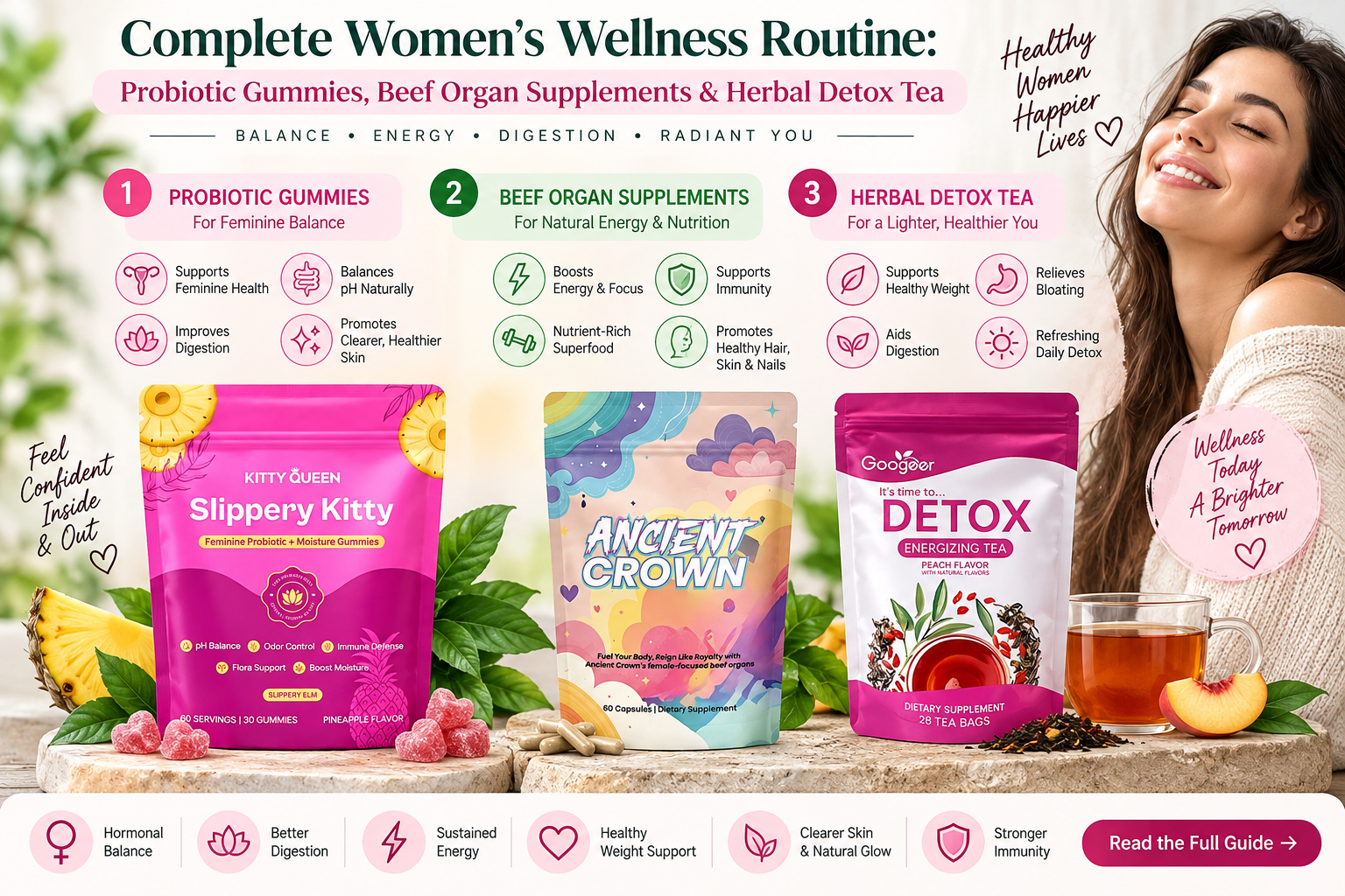 Complete Women's Wellness Routine: Probiotic Gummies, Beef Organ Supplements &amp; Herbal Detox Tea