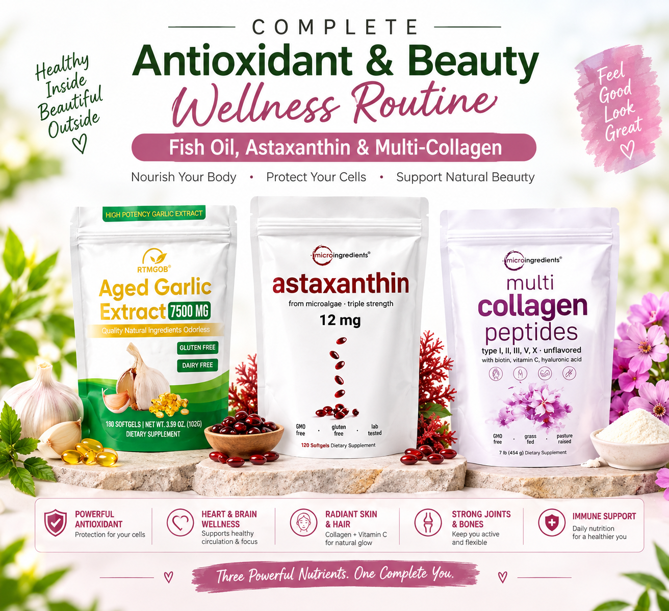Complete Antioxidant & Beauty Wellness Routine: Fish Oil, Astaxanthin & Multi-Collagen