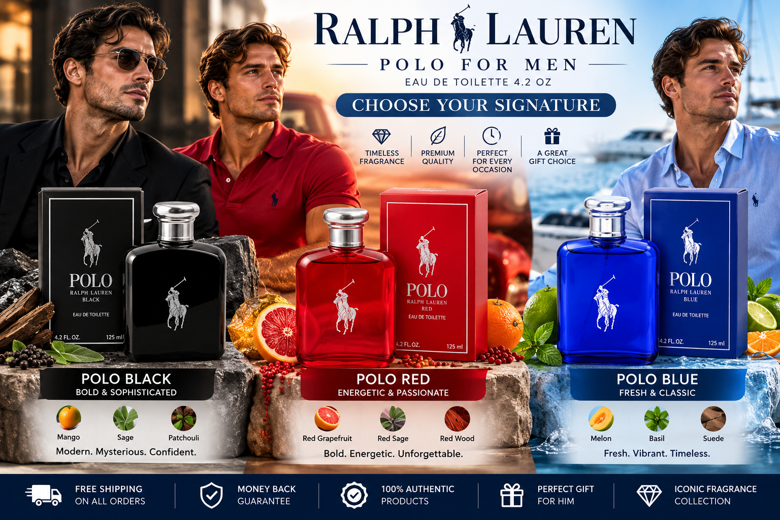 Ralph Lauren Polo for Men EDT 4.2 oz: Choose Your Signature in Red, Blue or Black