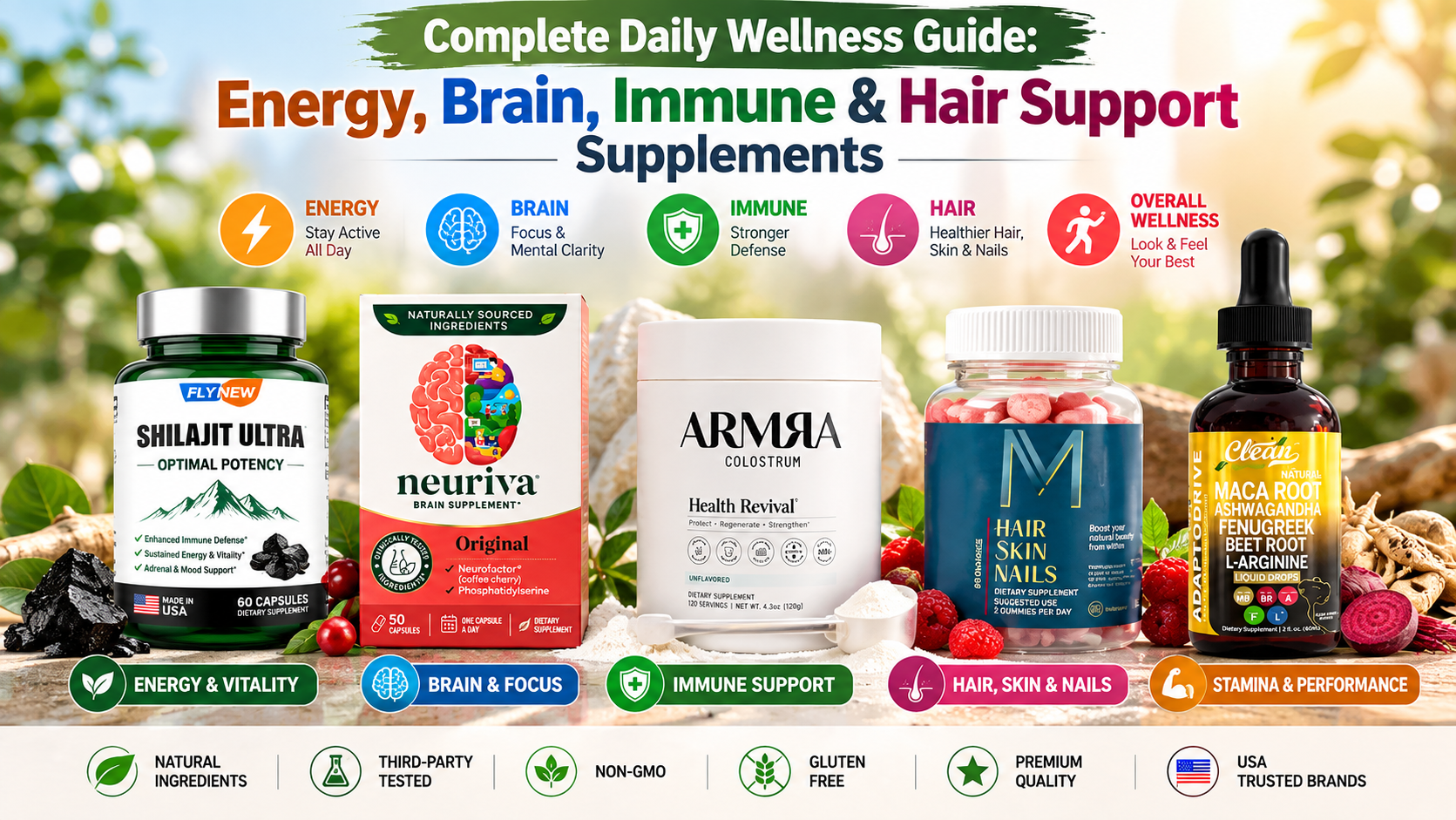 Complete Daily Wellness Guide: Energy, Brain, Immune &amp; Hair Support Supplements