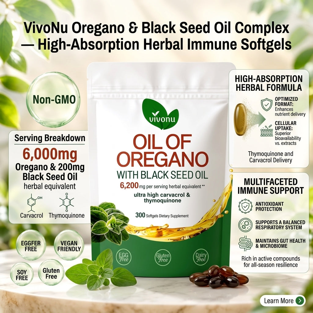 VivoNu Oregano &amp; Black Seed Oil Complex — High-Absorption Herbal Immune Softgels