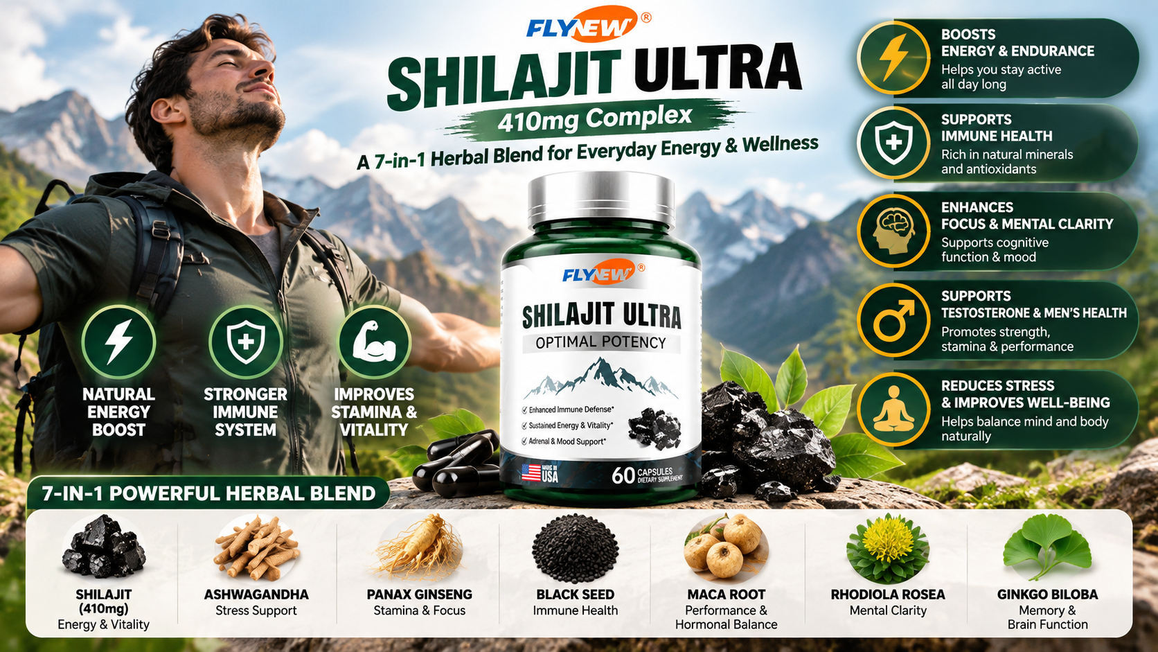 Flynew Shilajit Ultra 410mg Complex: A 7-in-1 Herbal Blend for Everyday Energy &amp; Wellness