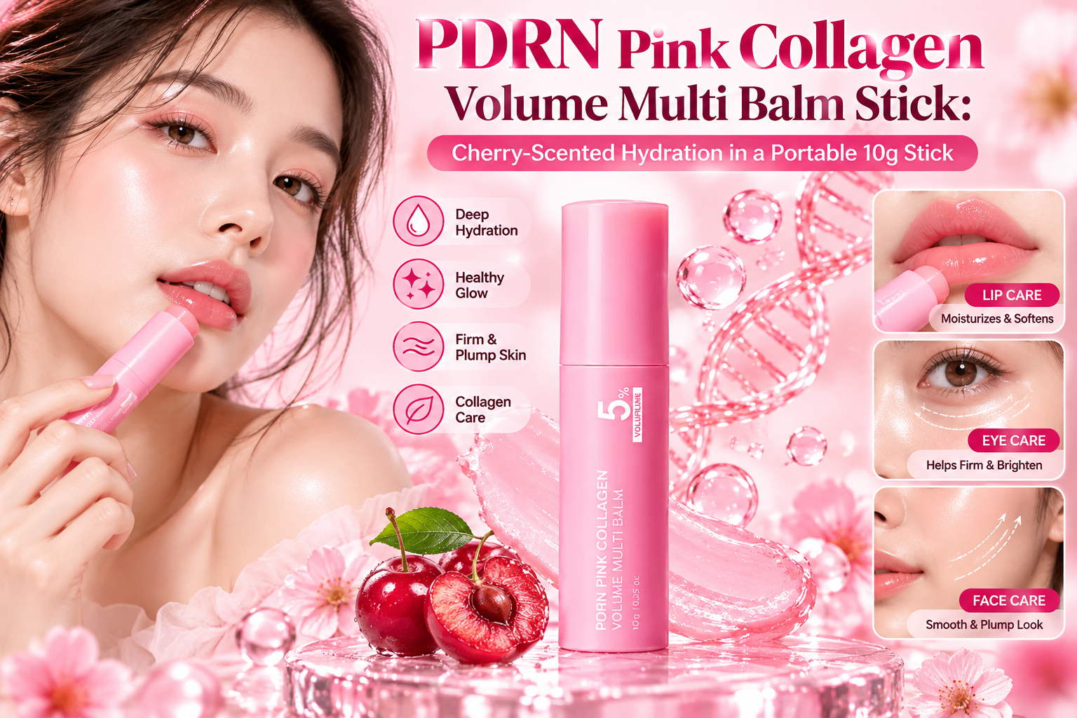 PDRN Pink Collagen Volume Multi Balm Stick: Cherry-Scented Hydration in a Portable 10g Stick