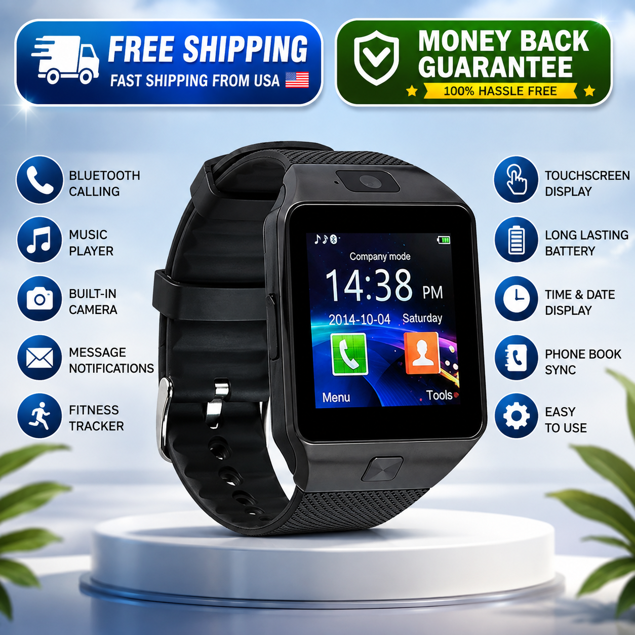 Black smartwatch with a rectangular touchscreen display, shown on a white pedestal with promotional text and feature callouts around it. The watch screen displays a digital clock and app icons.