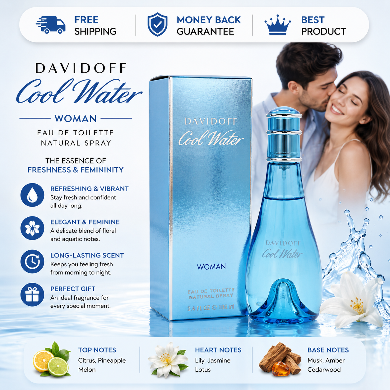 Davidoff Cool Water for Women Eau de Toilette 3.3 oz fresh aquatic fragrance spray