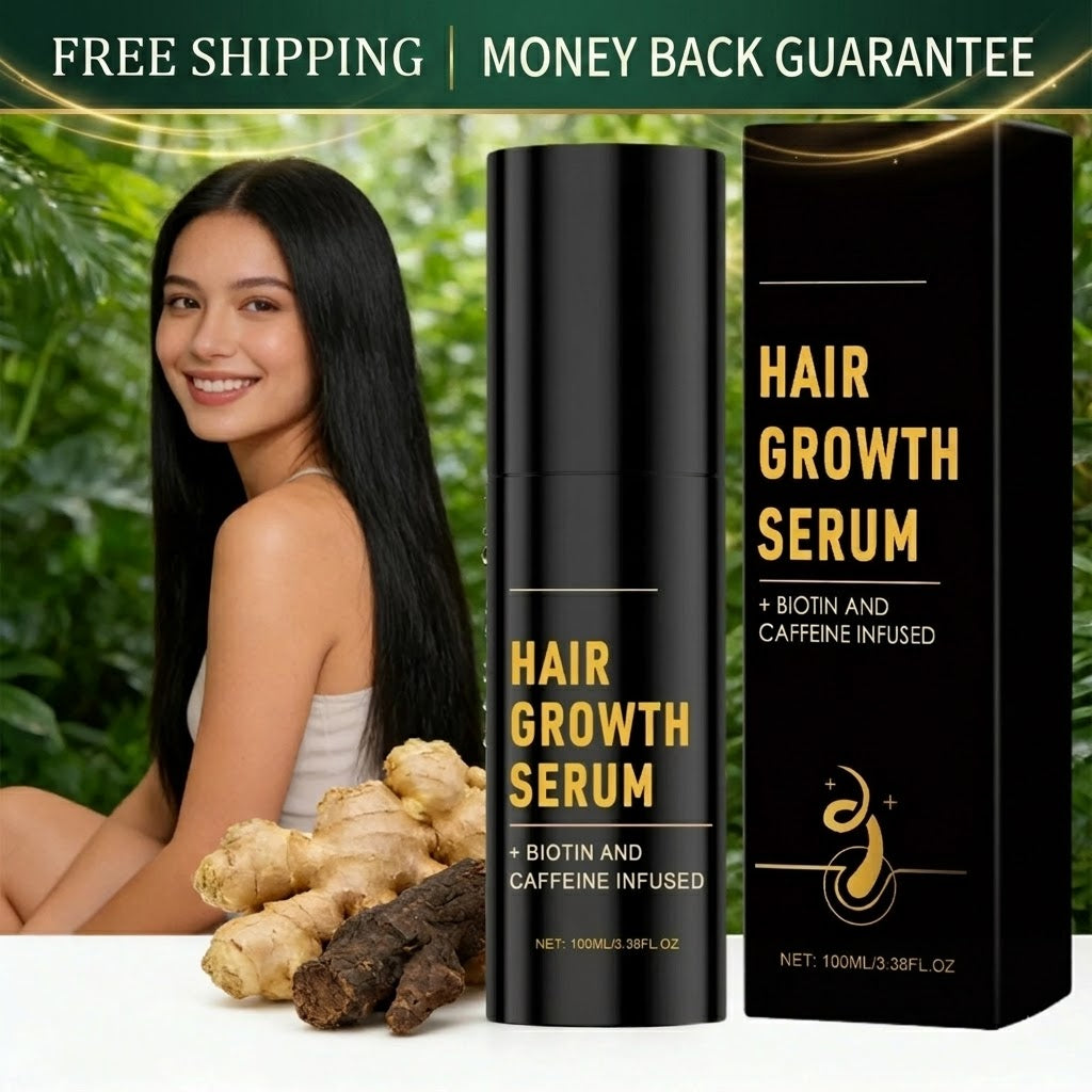 Hair growth serum bottle and box shown beside a smiling woman with long black hair, with ginger roots and a green leafy background. Text at the top reads 'FREE SHIPPING | MONEY BACK GUARANTEE.