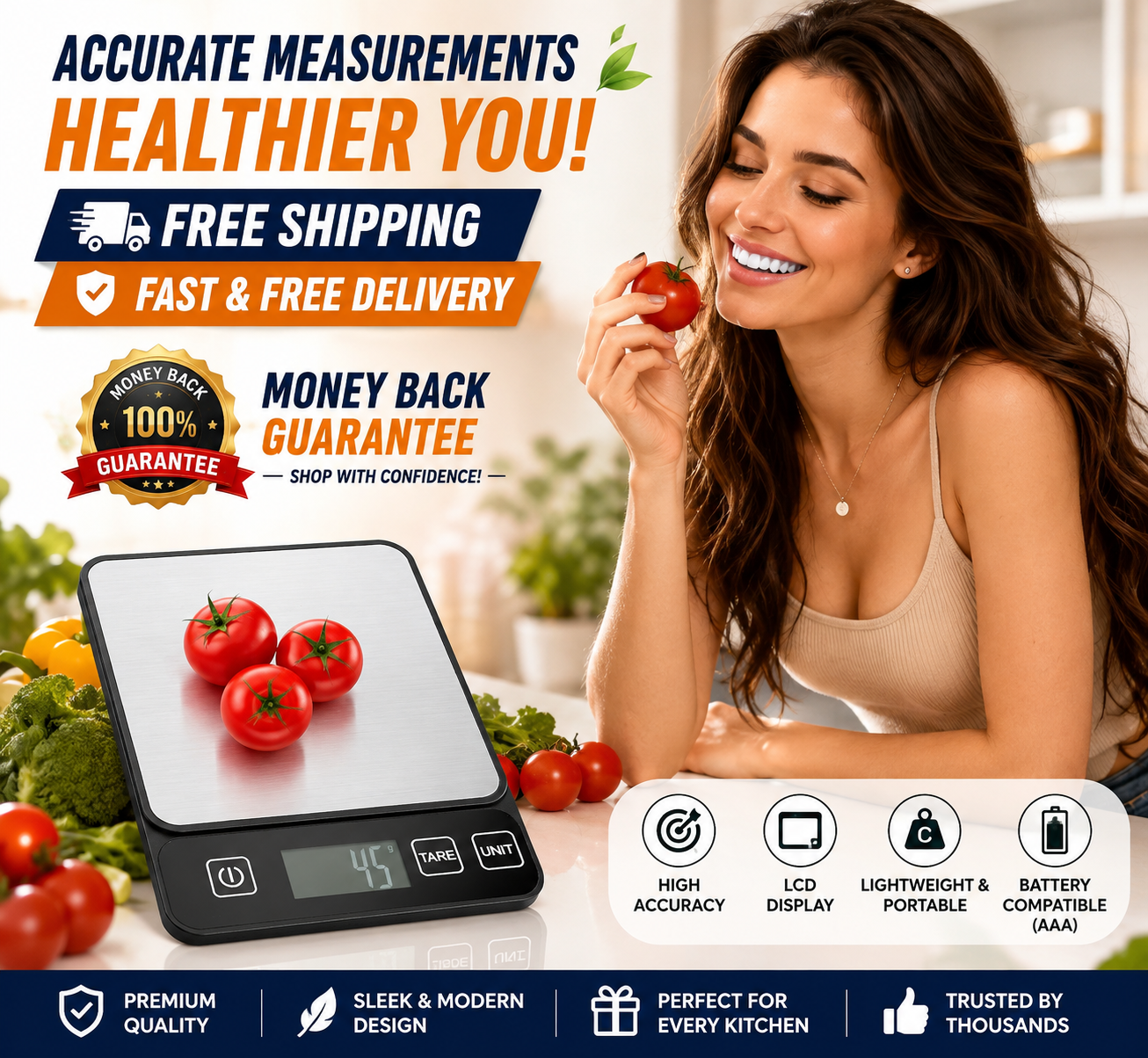Digital kitchen scale with fresh tomatoes on top, alongside a smiling woman holding a tomato in her kitchen.