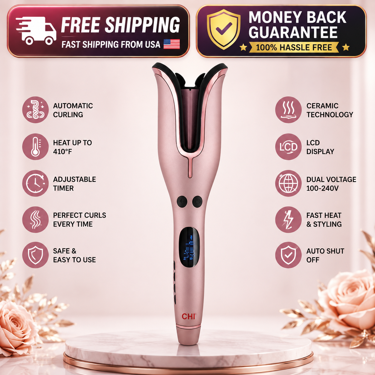 A pink and rose gold CHI electric curling iron is displayed on a marble pedestal against a light pink background, surrounded by decorative roses and promotional text banners highlighting features like automatic curling, heat up to 410°F, LCD display, and free shipping.