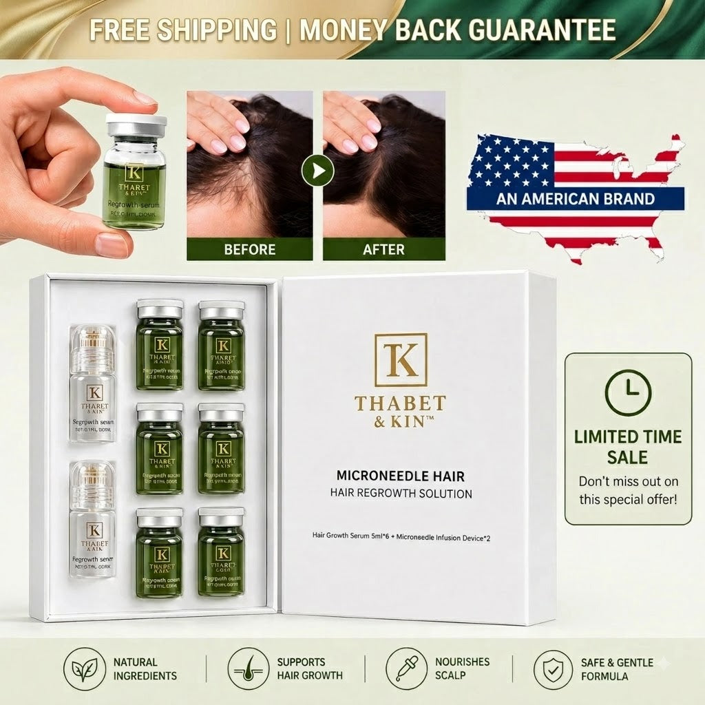 Thabet & Kin Microneedle Hair Hair Regrowth Solution set shown in an open white box with multiple small vials, alongside a hand holding one vial, before/after hair growth photos, an American flag graphic, and promotional text including free shipping and money back guarantee.