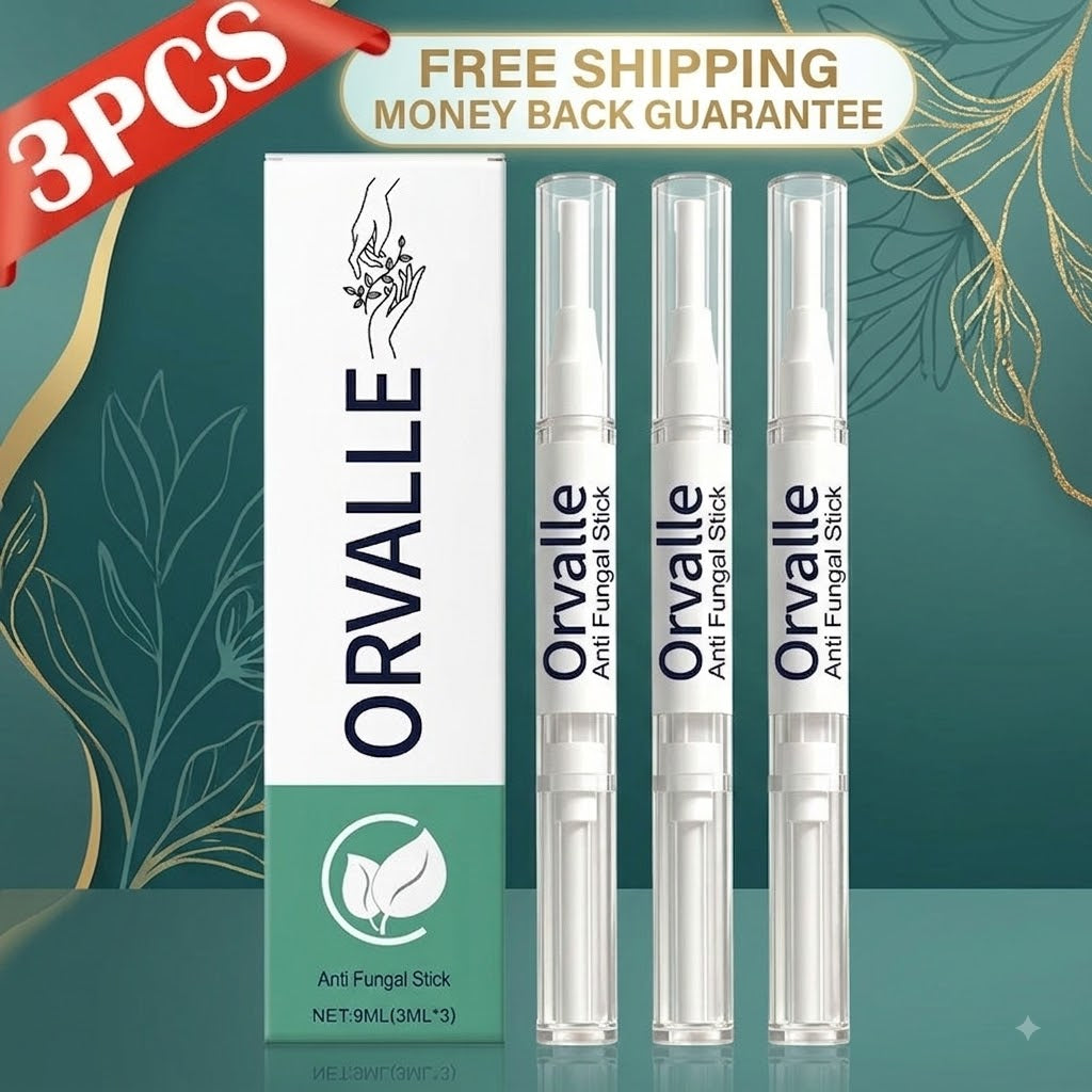 Three Orvalle anti fungal stick applicators displayed next to their white and green packaging box, with a red '3PCS' promotional banner and a 'FREE SHIPPING MONEY BACK GUARANTEE' text overlay at the top.