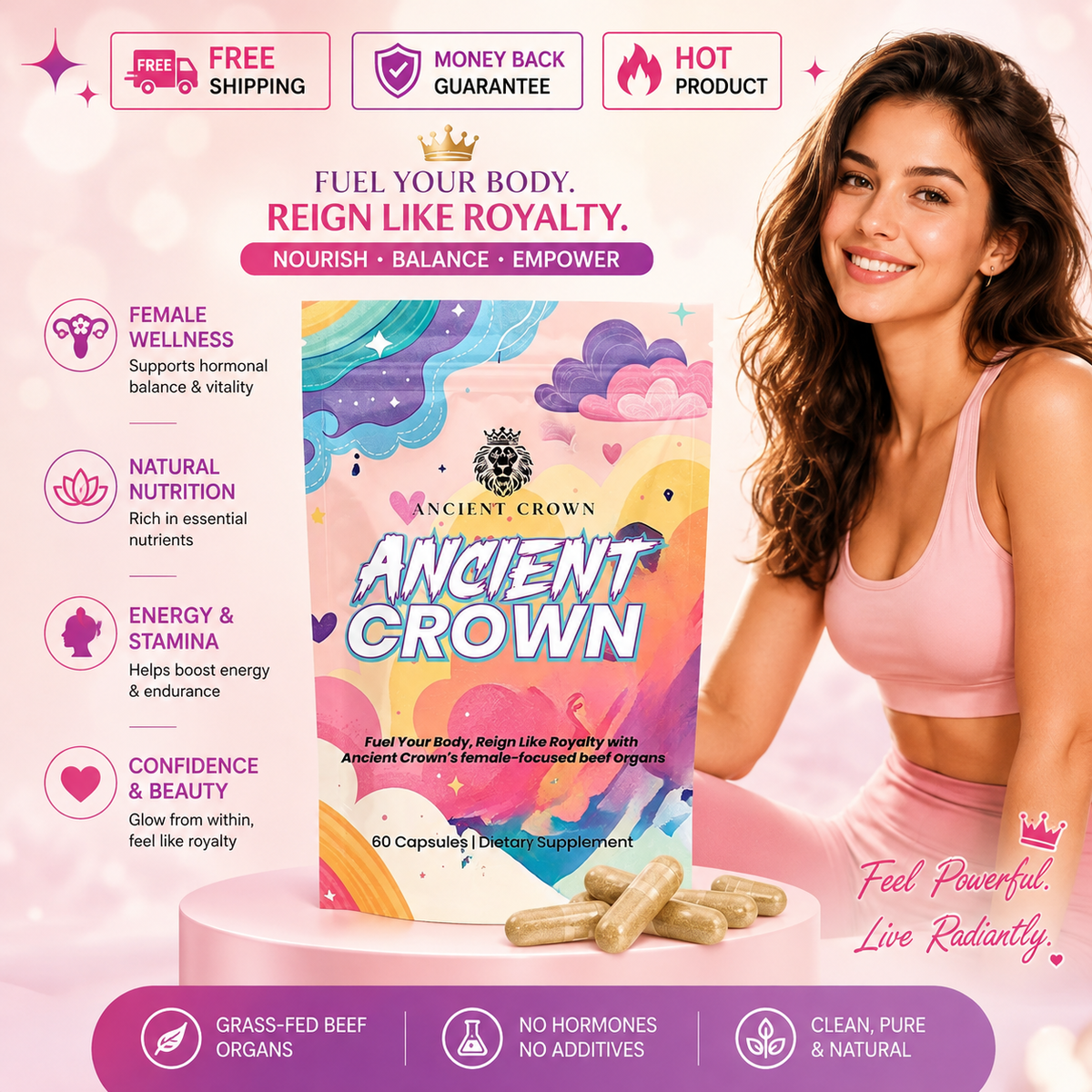 Ancient Crown Beef Organ Supplement for Women, 60 capsules