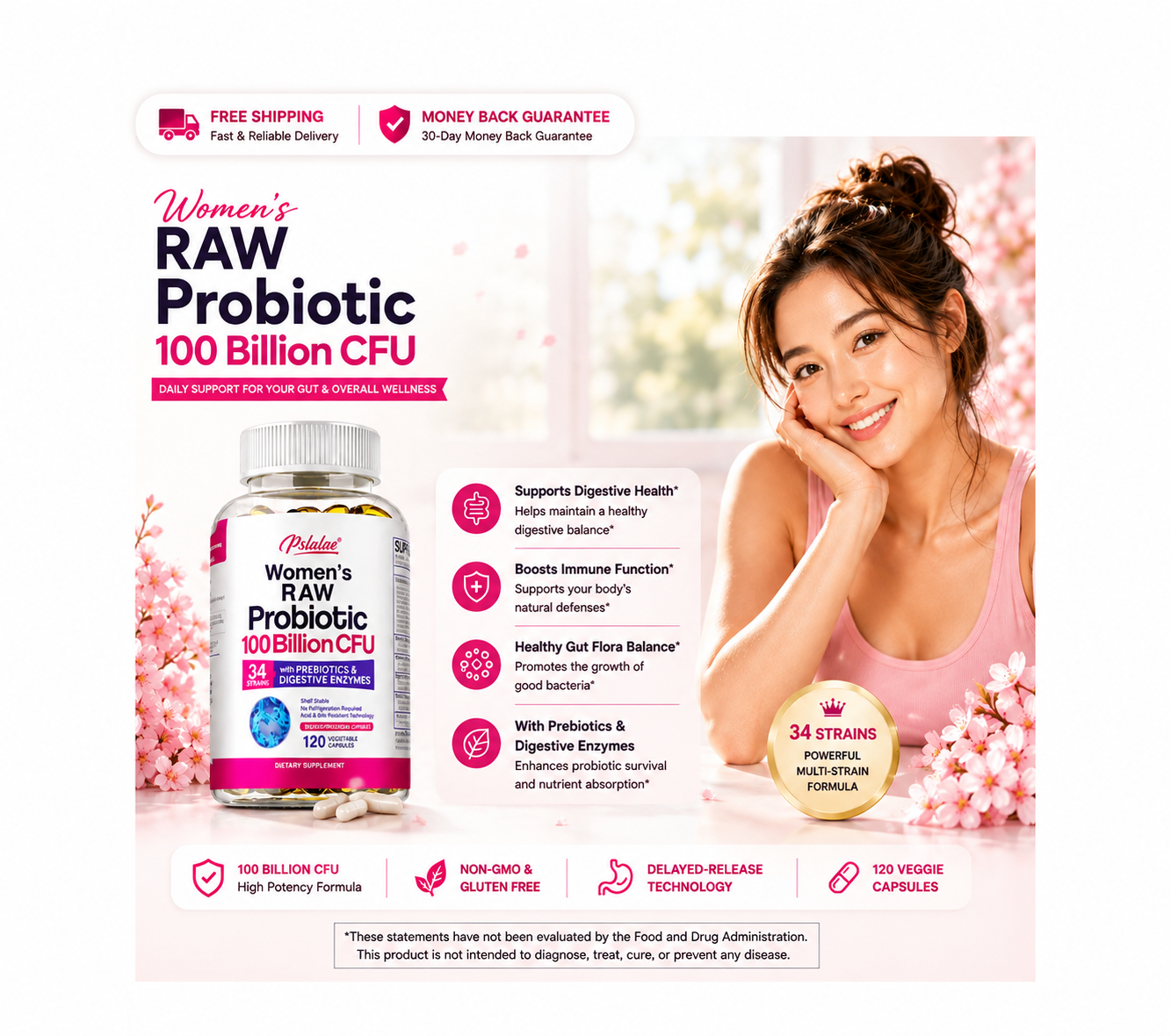 Women's RAW Probiotic 100 Billion CFU - Prebiotics, Digestive Enzymes, Gut Health - 120 Capsules - 24hrsmart