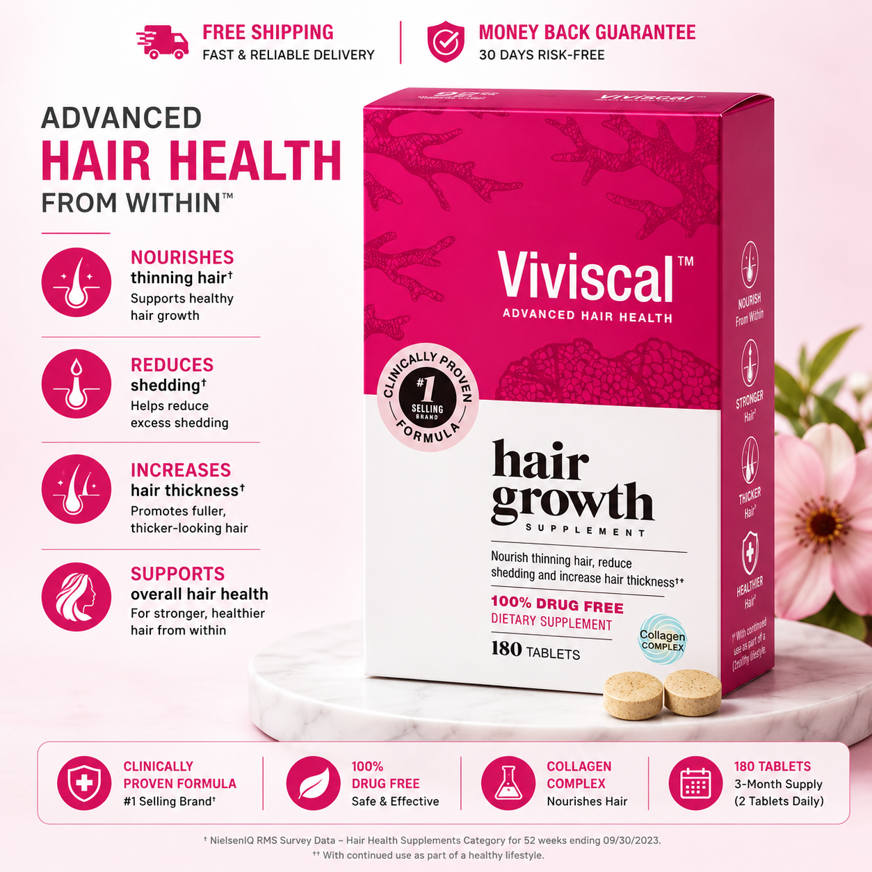 Viviscal Hair Growth Supplement for Women 180 Tablets - 3 Month Supply - 24hrsmart