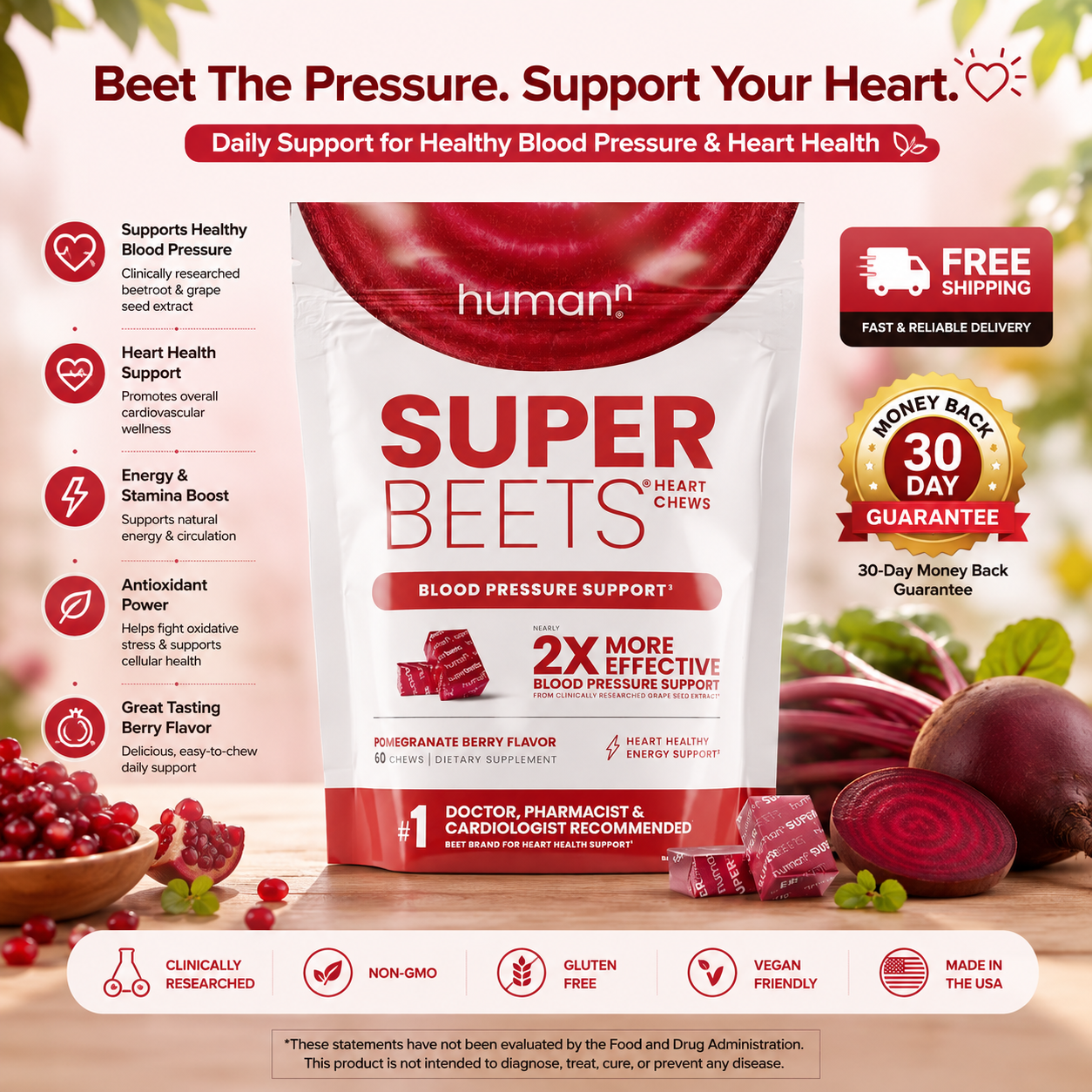 HumanN SuperBeets Heart Chews Beet Root Grape Seed Extract Healthy Antioxidant ( 60 count ) - 24hrsmart