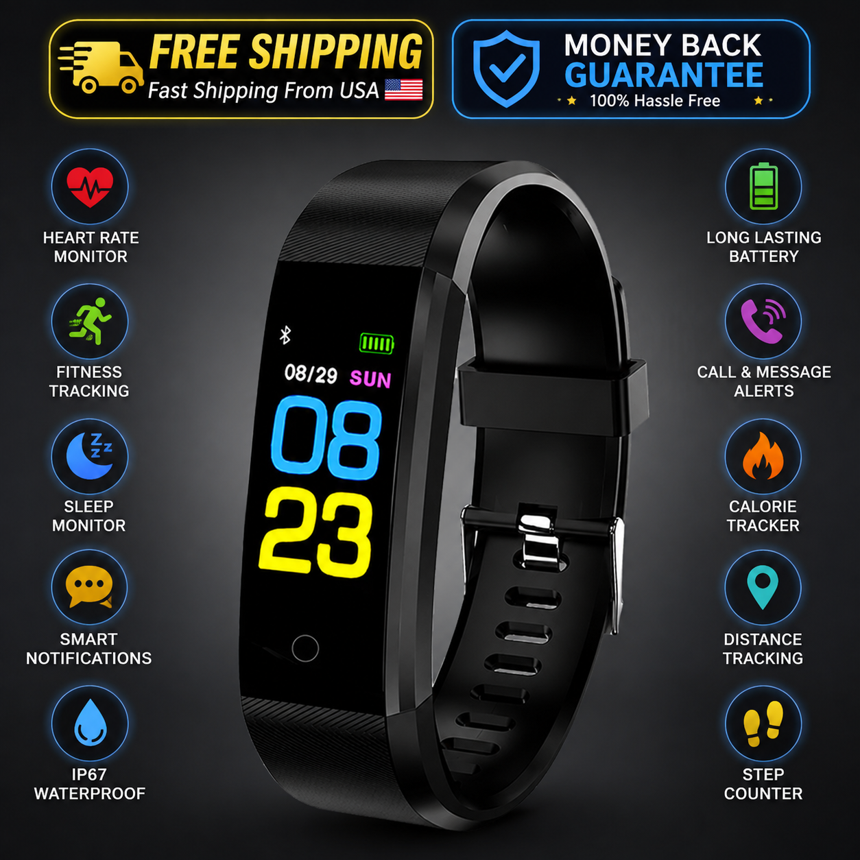 Black smart wristband fitness tracker with a rectangular color display showing the time, surrounded by feature icons and promotional text including free shipping, money back guarantee, heart rate monitor, fitness tracking, sleep monitor, smart notifications, IP67 waterproof, long lasting battery, call and message alerts, calorie tracker, distance tracking, and step counter.