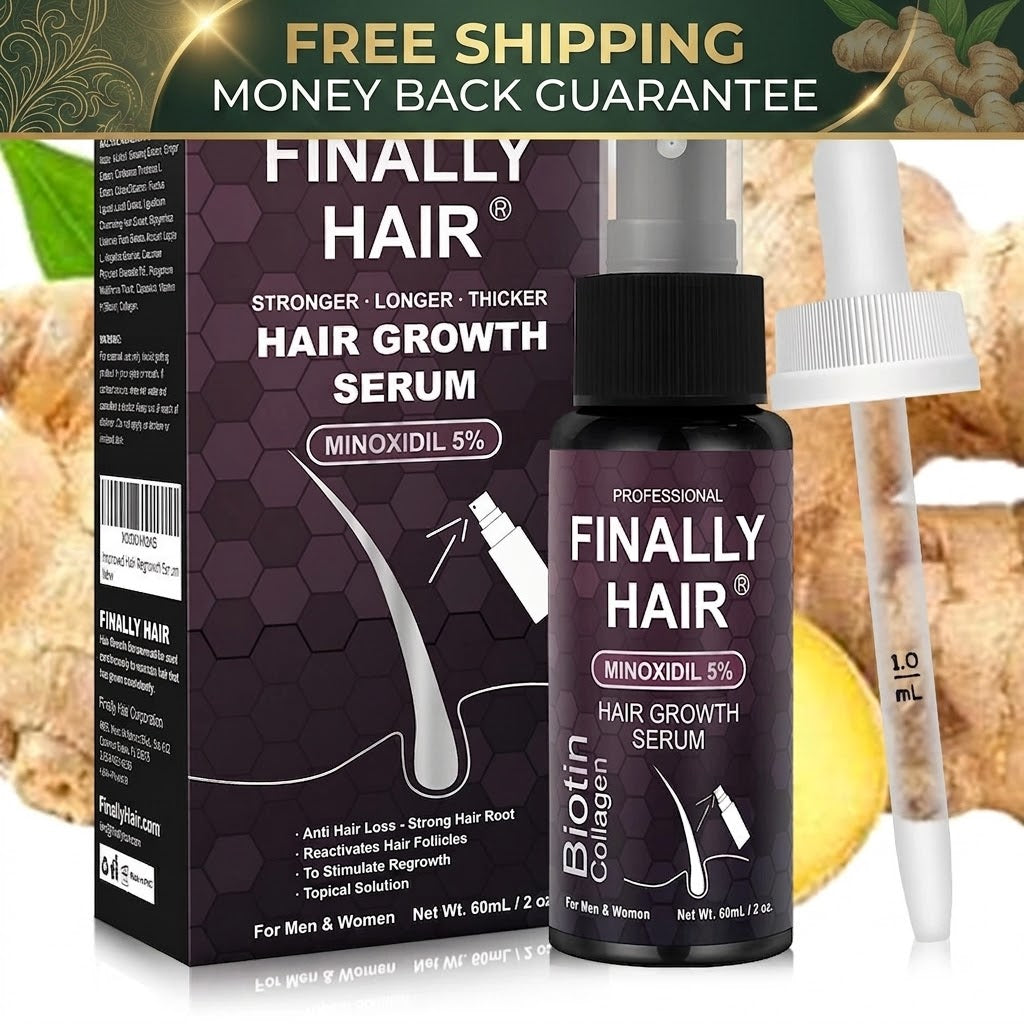 Finally Hair Minoxidil 5% Hair Growth Serum bottle and packaging box shown alongside a dropper, with a promotional banner at the top reading 'Free Shipping Money Back Guarantee' and a background of ginger root.