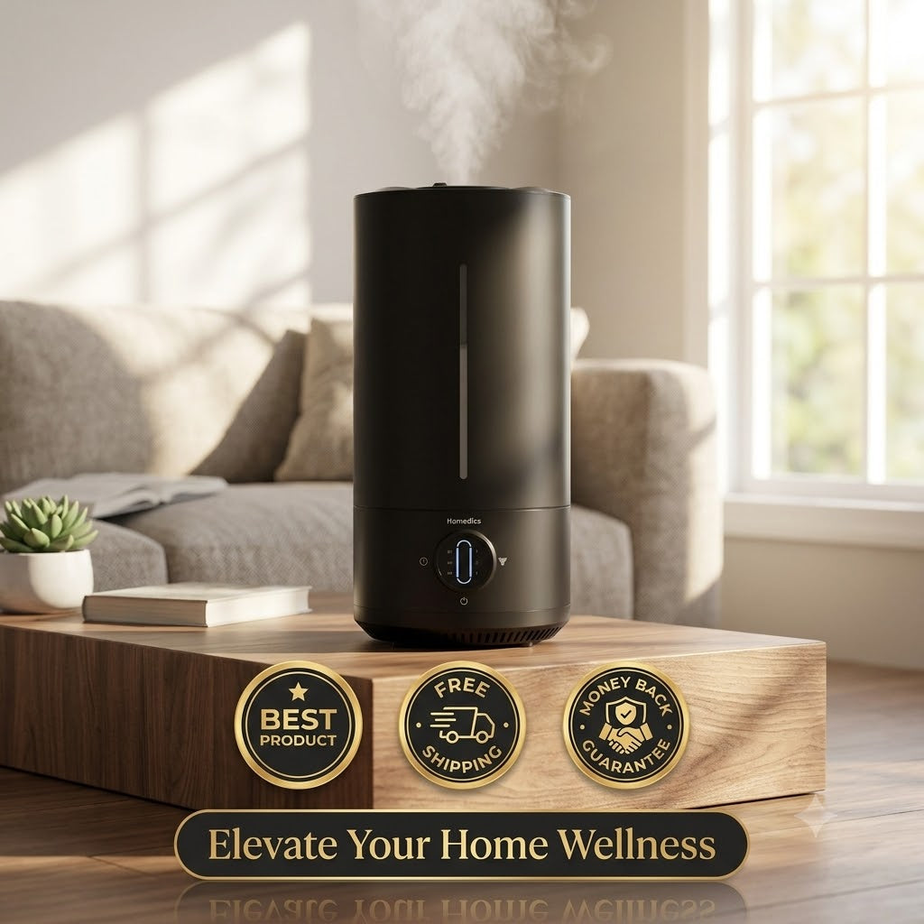 A matte black cylindrical humidifier with visible misting at the top, displayed on a wooden stand in a bright living room. Elevate Your Home Wellness'.