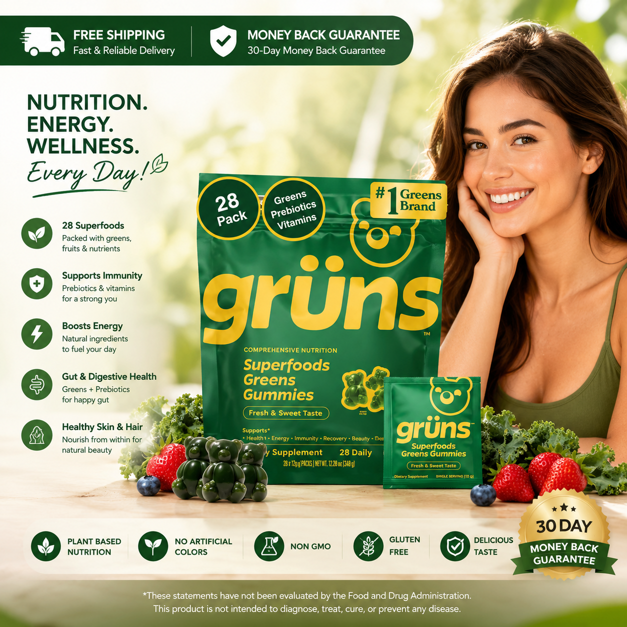 Grüns Superfood Greens Gummies 60+ Ingredients Prebiotic Gut Immune Support (28 count) - 24hrsmart