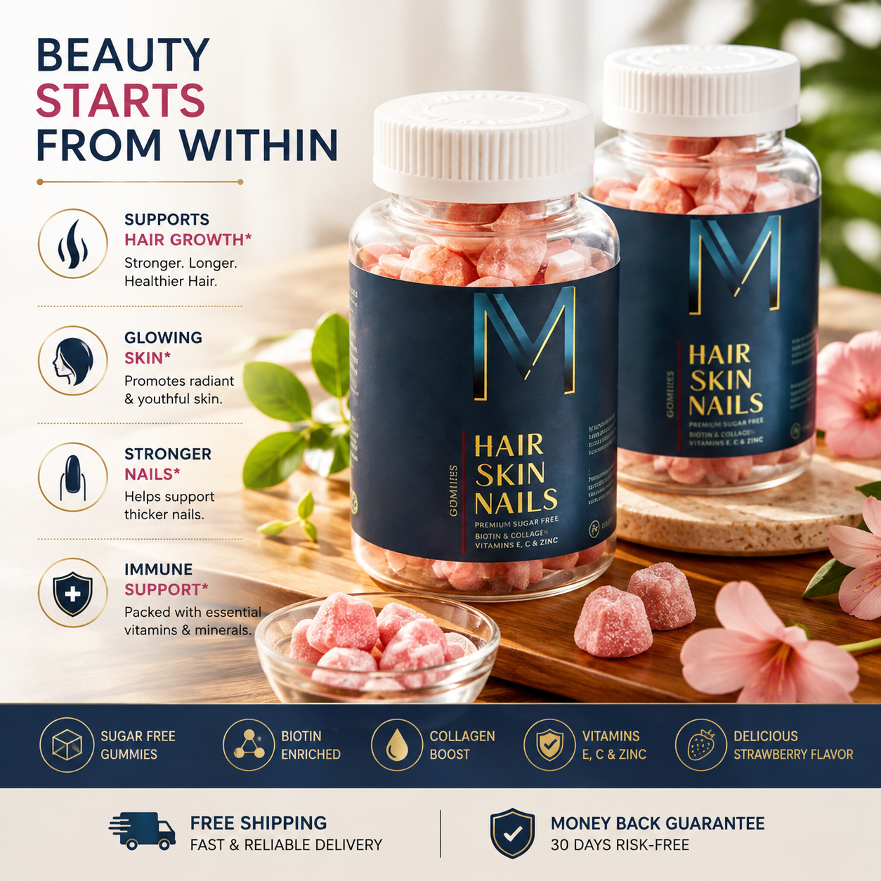 Hair Skin and Nails Gummies - Supports Healthy Hair - Vegan biotin Vitamins (2 Pack) - 24hrsmart