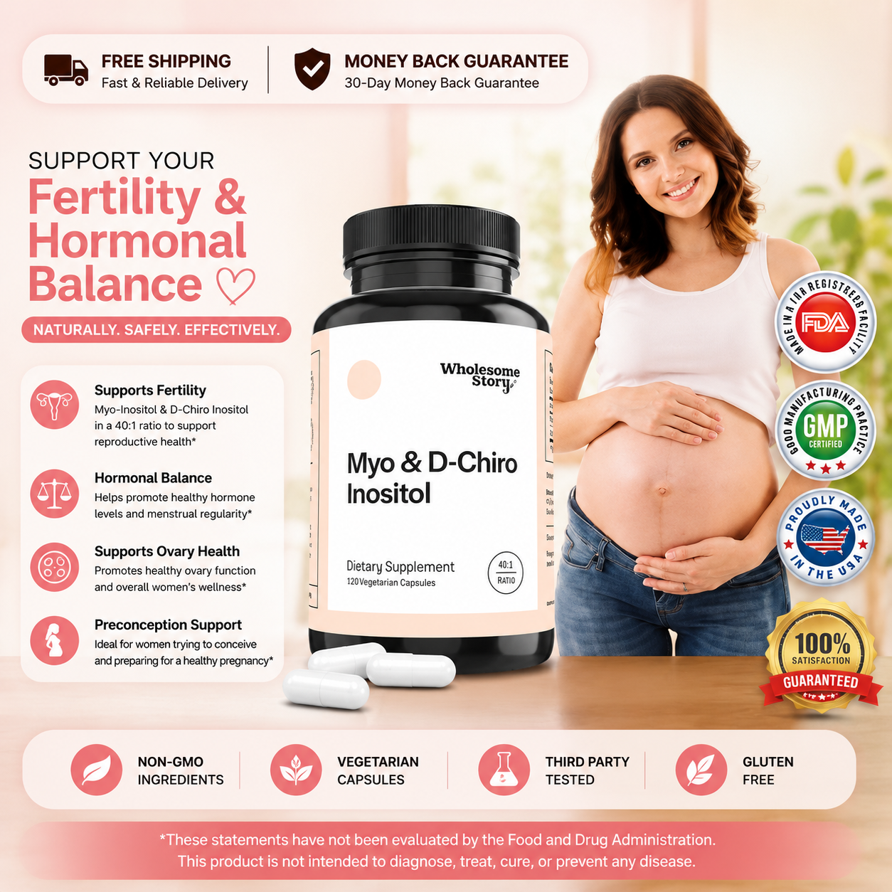 Wholesome Story Myo & D-Chiro Inositol - Women Hormone Support, Manage Stress - 120 Capsules - 24hrsmart