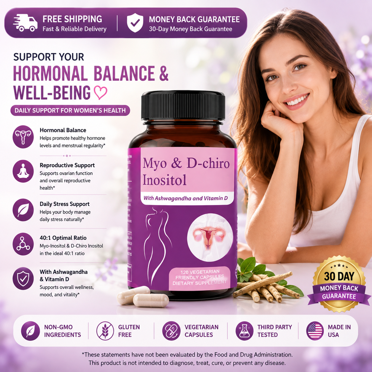 Myo-Inositol D-Chiro Inositol Supplement Hormonal Balance Support 120 Capsules - 24hrsmart
