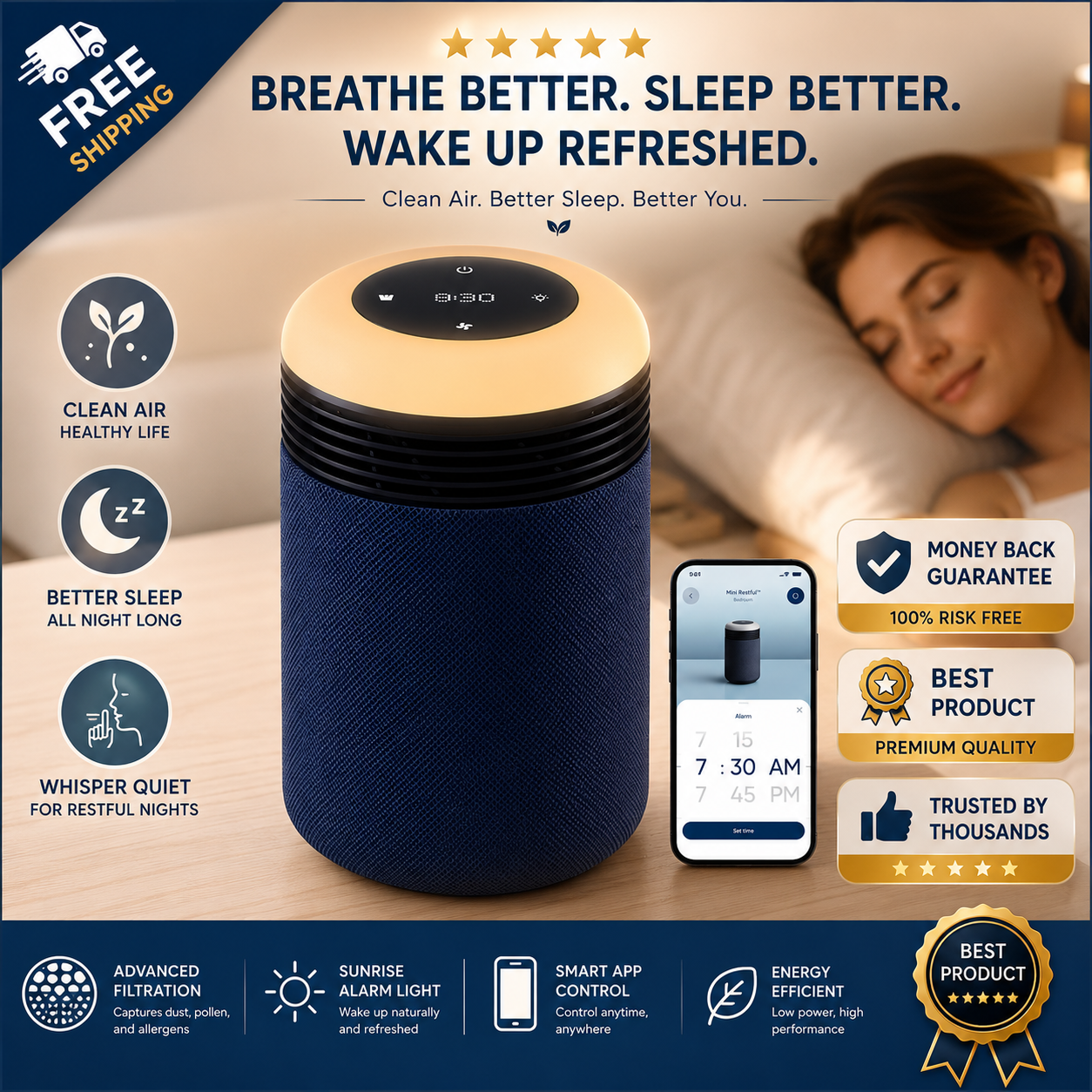 Blueair Mini Restful Air purifier and Sunrise Clock Midnight Blue - 24hrsmart