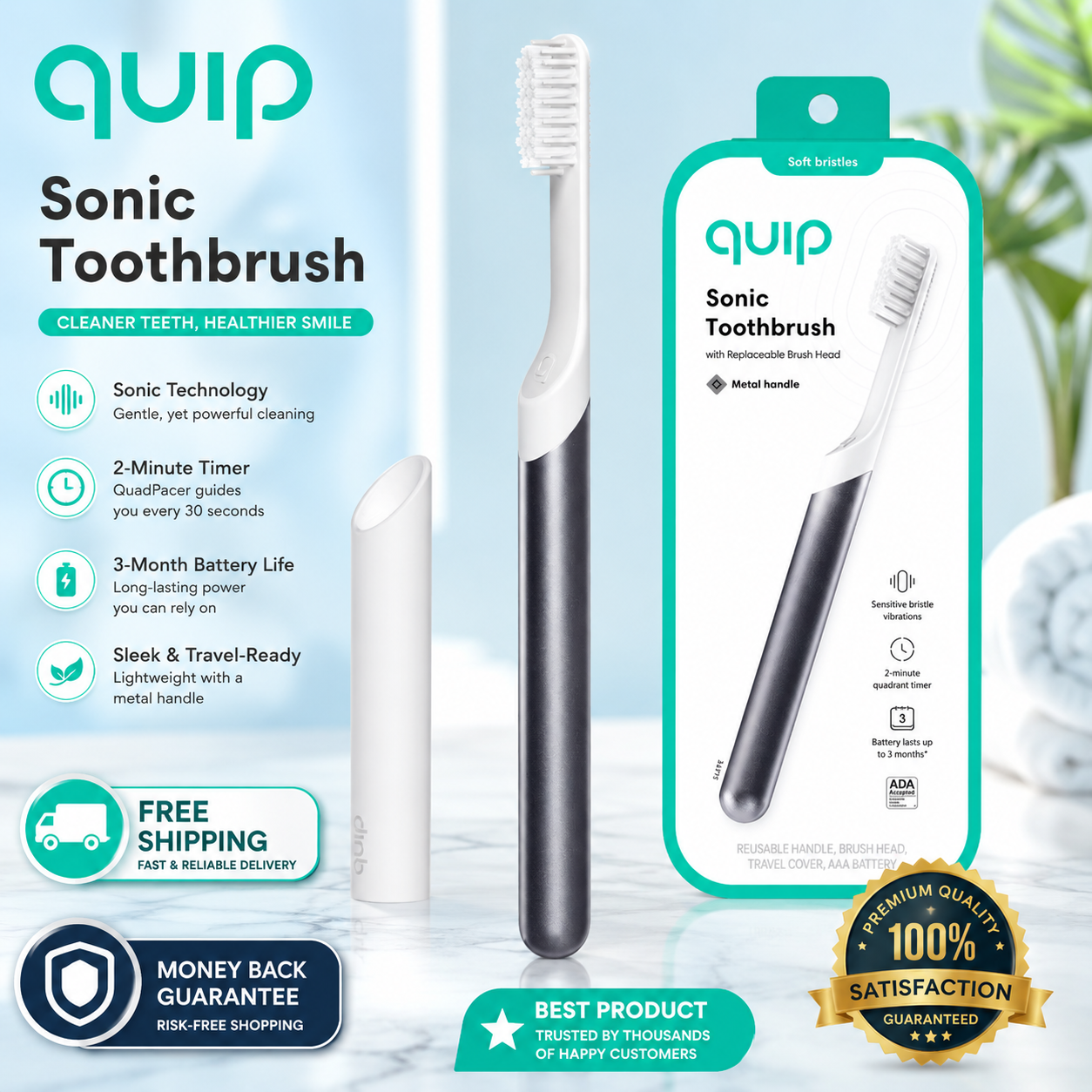 quip Sonic Electric Metal Toothbrush Travel Case/Mount Water-Resistant Slate - 24hrsmart