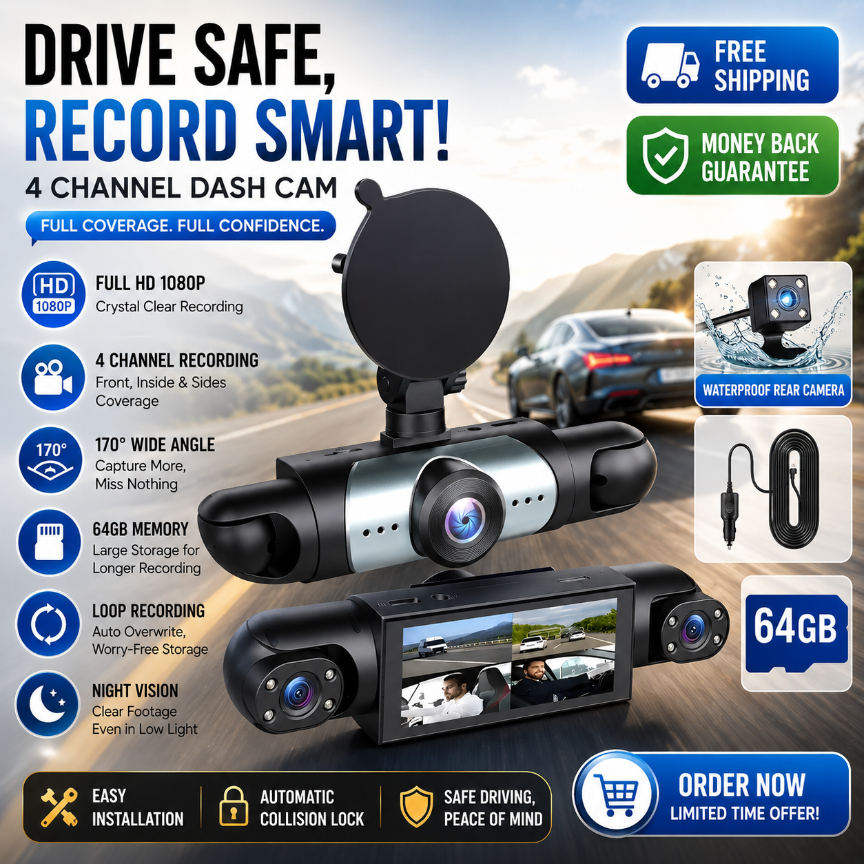 Car Dash Cam Front and Rear Inside Left Right + Camera HD 360° 4 Channel 1080P - 24hrsmart