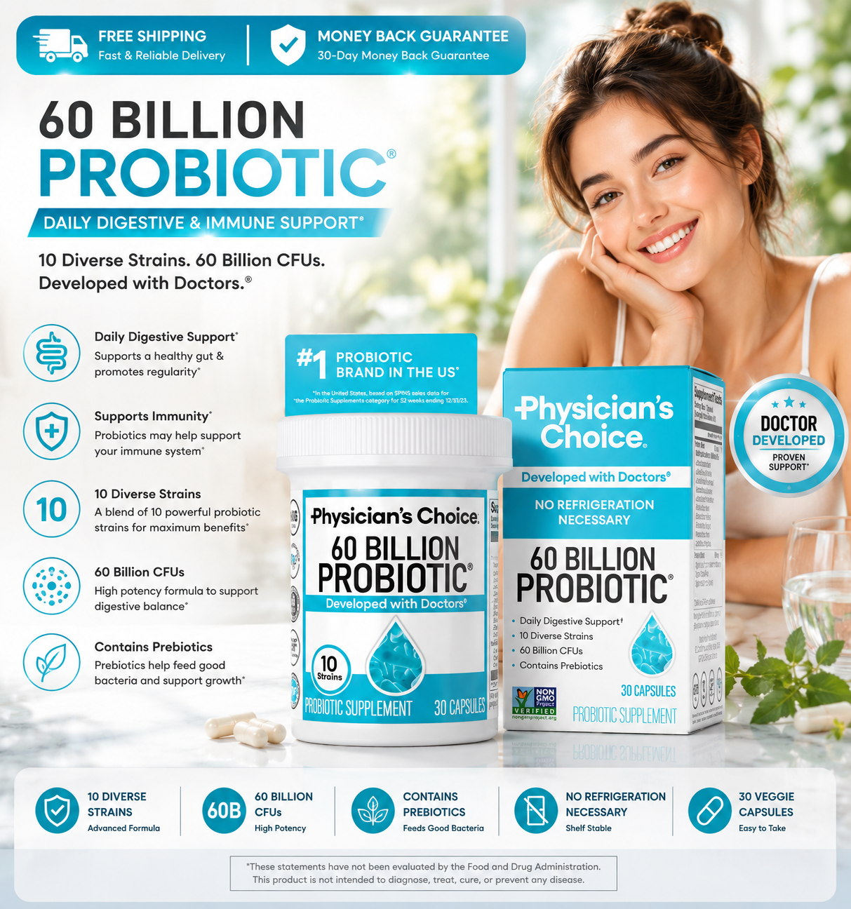 Physician's Choice 60B Probiotic, 10 Strains, Gut/Digestive/Immune, 30 Caps - 24hrsmart