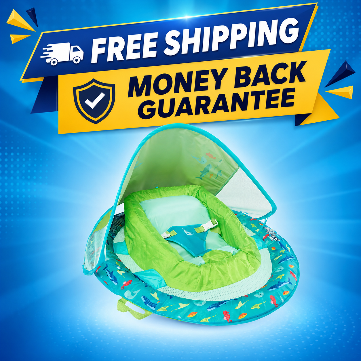 A baby bassinet with an attached canopy and fish-patterned base, shown on a bright blue promotional background with large text banners reading 'FREE SHIPPING' and 'MONEY BACK GUARANTEE'.