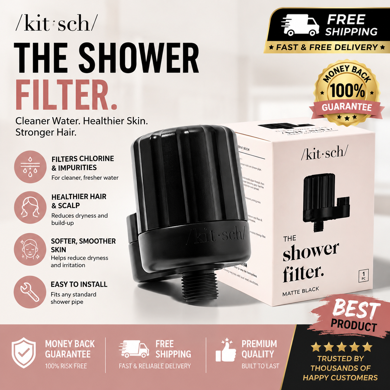 Kitsch Mass Purifying Water Shower Filter – Easy-Twist Installation, Black