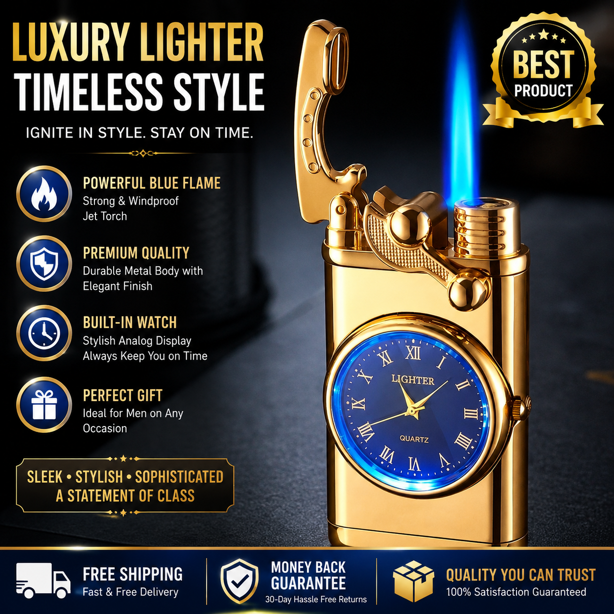 VINTAGE RETRO STYLE Luxury Golden Liquid Gas Lighter with Roman Numeral Clock - 24hrsmart