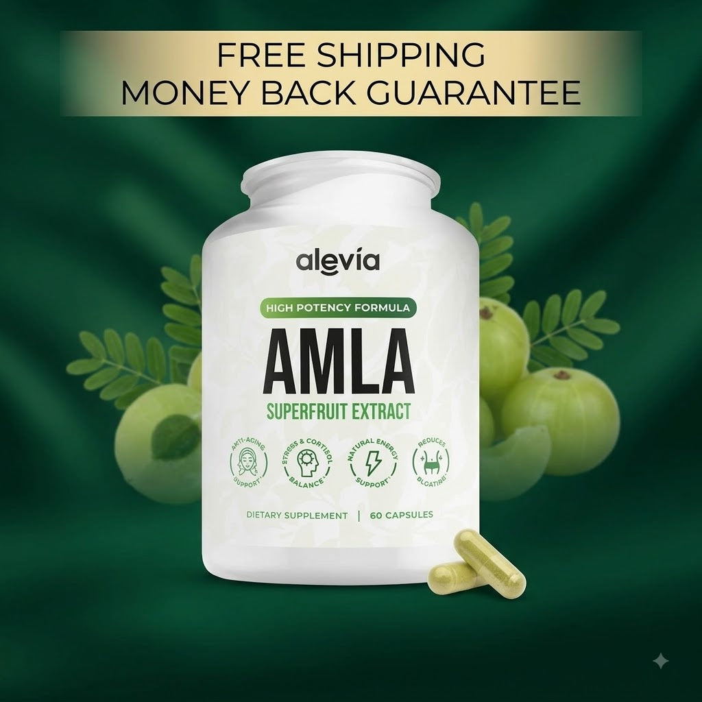 A white bottle of alevia AMLA Superfruit Extract dietary supplement with two capsules in front, set against a dark green background with green amla fruits and leaves. A banner at the top reads 'FREE SHIPPING MONEY BACK GUARANTEE'.