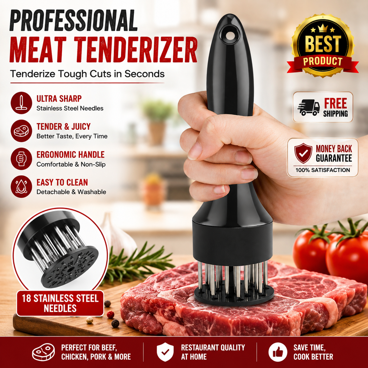 Professional Meat Tenderizer Stainless Steel Needle Cooking Hammer Kitchen Tool - 24hrsmart