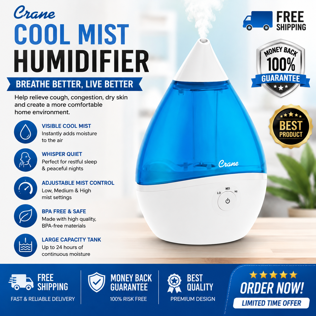 Crane Ultrasonic Cool Mist Humidifier 1 Gallon Blue Quiet Air Moisture Machine