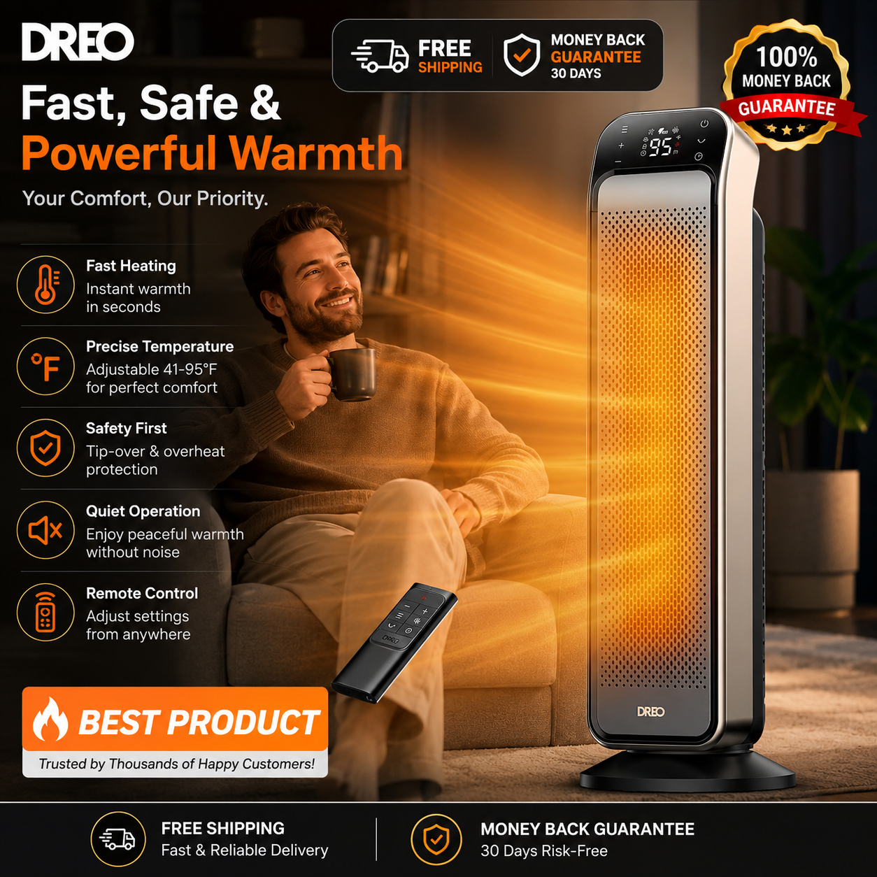 A DREO electric heater shown in a home setting with a man sitting on a couch nearby, accompanied by promotional text and icons highlighting features like fast heating, precise temperature, safety, and remote control.