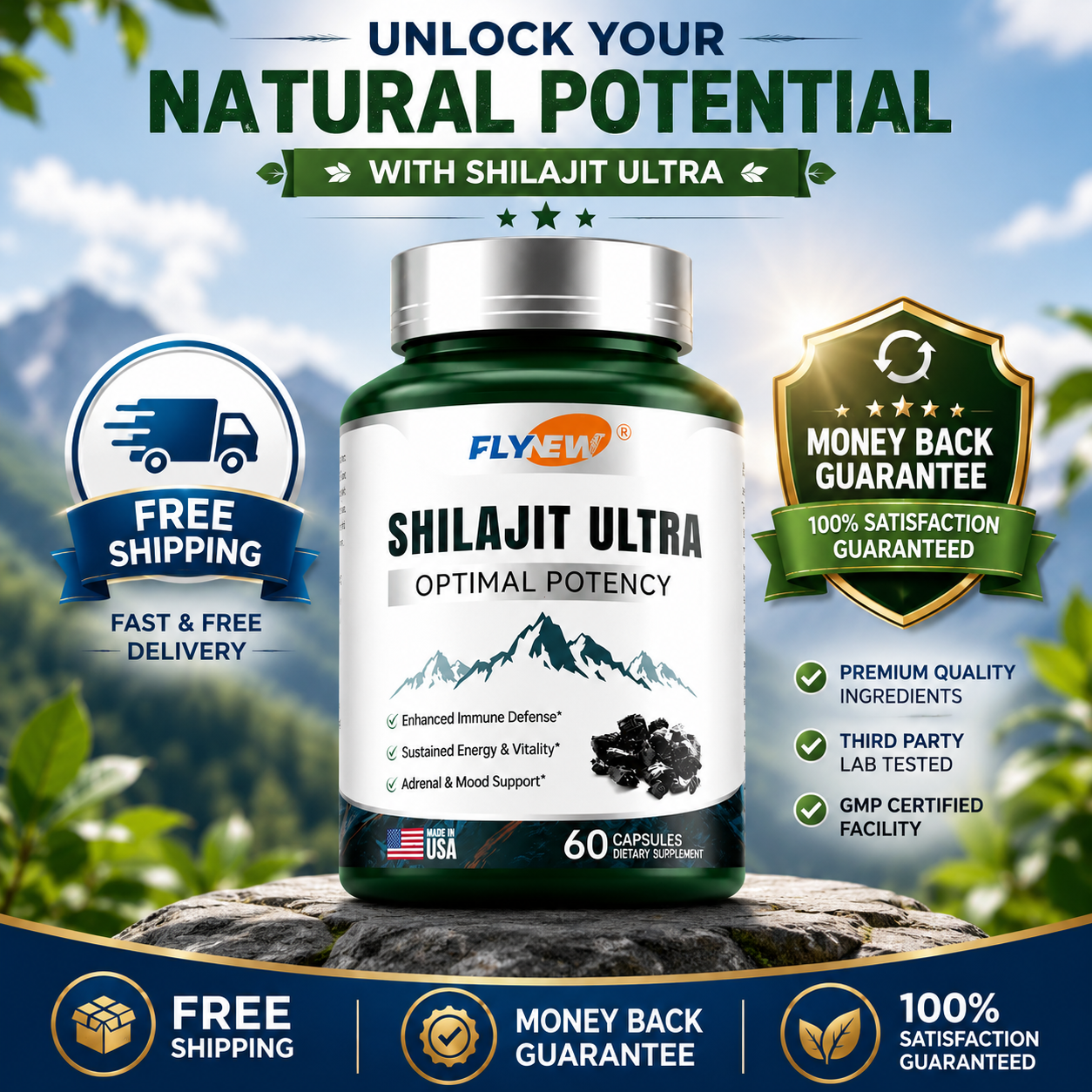 Flynew Shilajit Ultra 410mg Complex 7in1 Herbal Blend Energy Immune Mood Support, 60 capsuless
