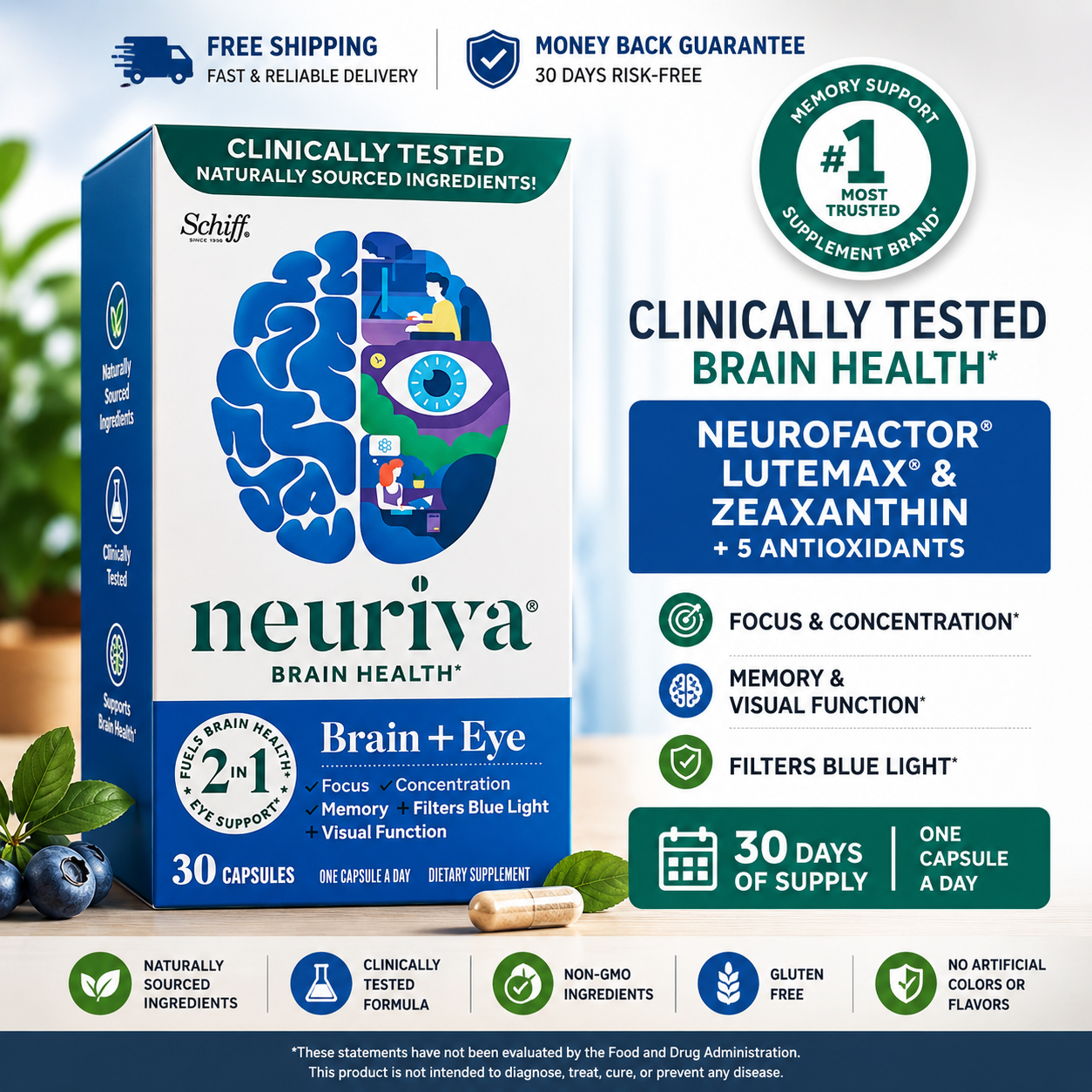 Neuriva Brain + Eye Health Supplement for Memory and Focus, 30 Capsules - 24hrsmart