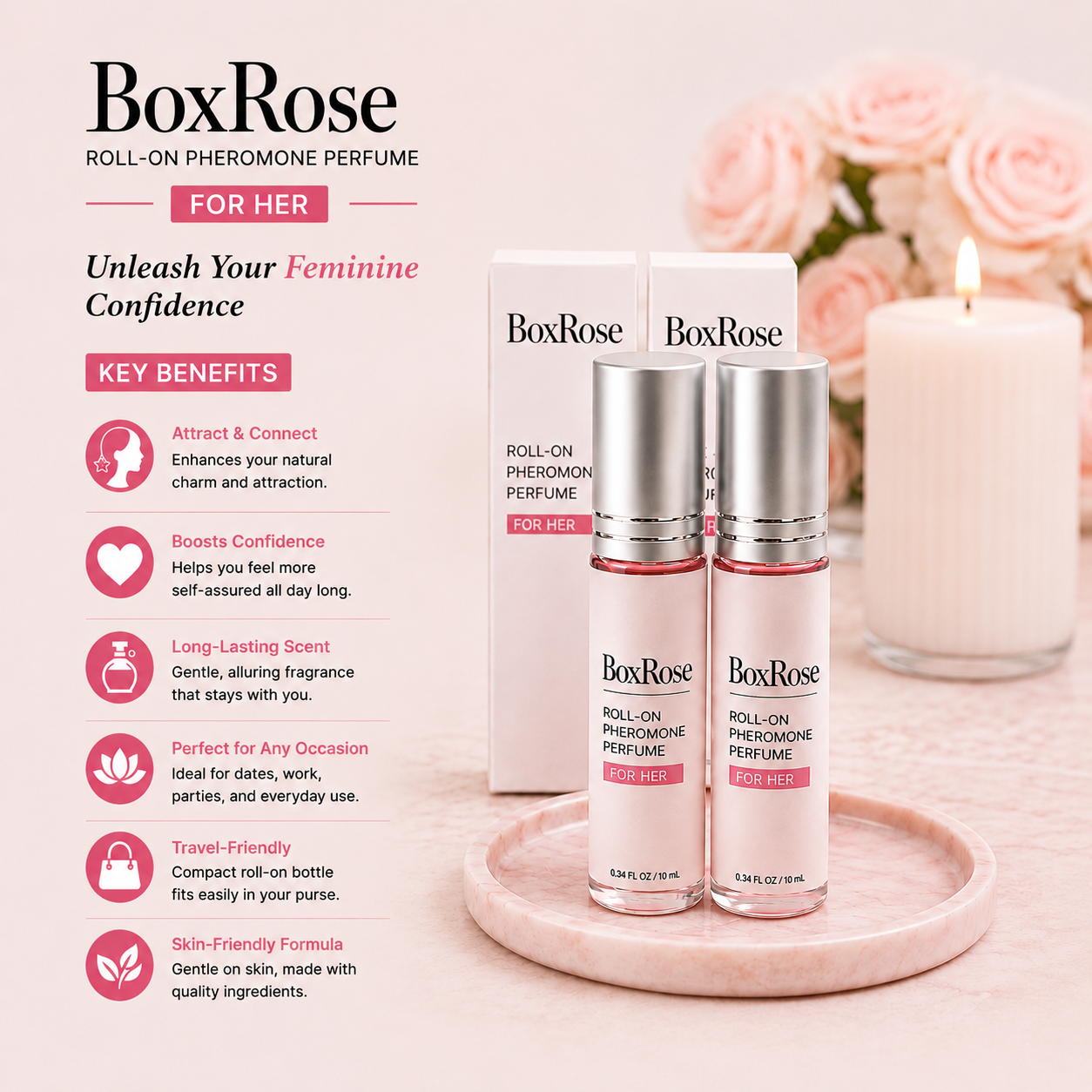 BoxRose women's pheromone roll-on perfume for everyday wear and easy application.