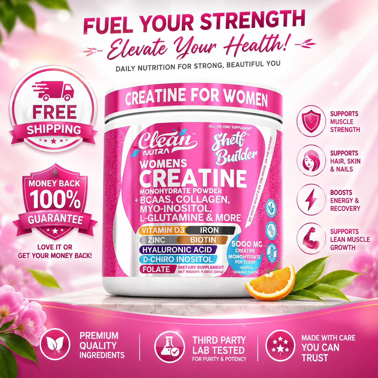 Clean Nutra Women Creatine Powder Collagen Inositol Muscle Hormone Support - 24hrsmart