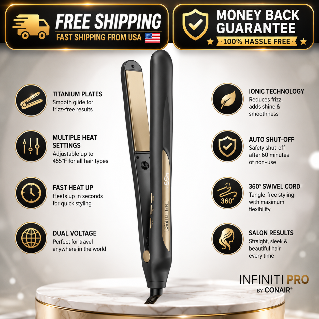 Conair Infiniti Pro flat iron hair straightener shown on a pedestal with feature callouts and promotional badges including free shipping and money back guarantee.