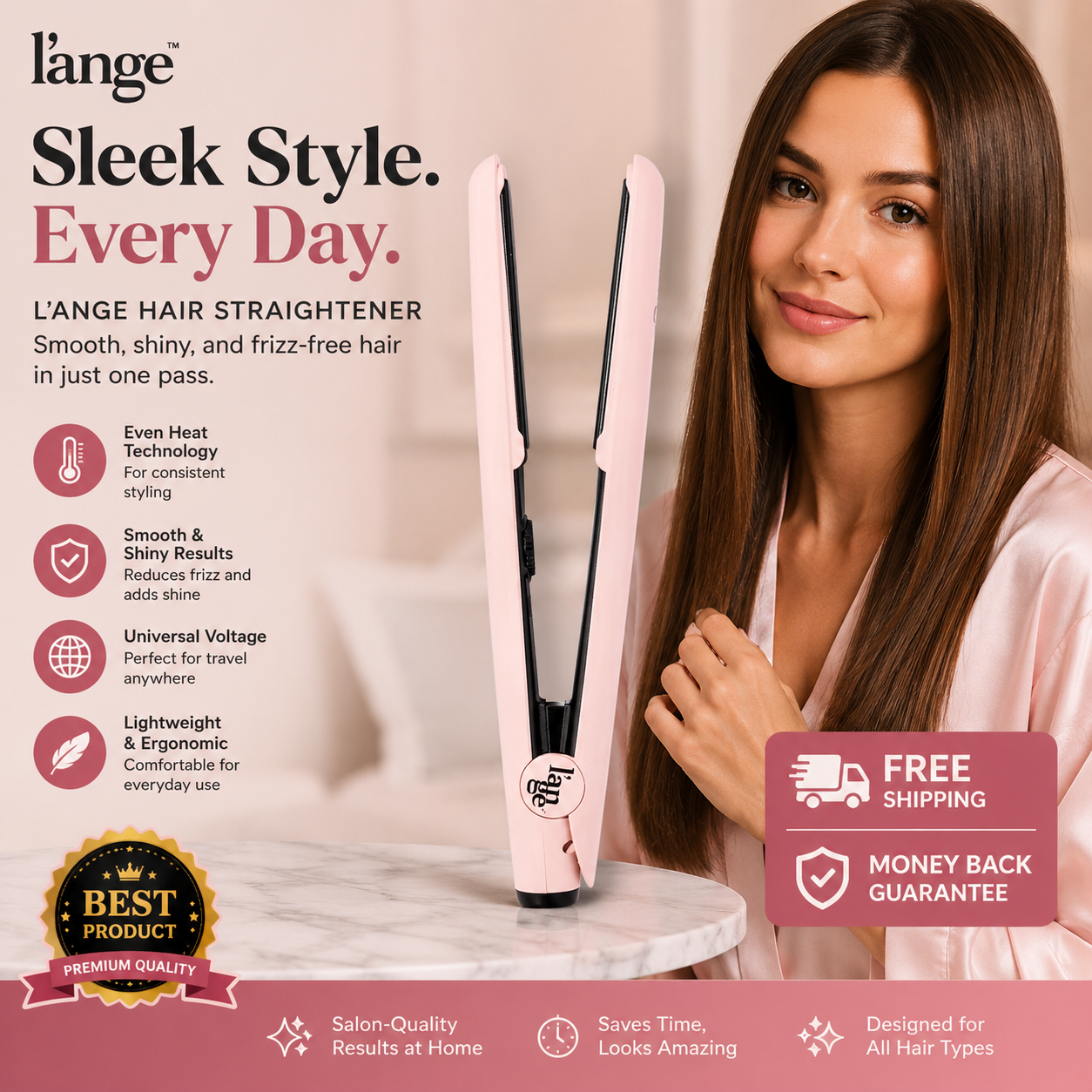 L'ange Hair Le Ceramique Flat Iron - Blush - 1": 5 Heat