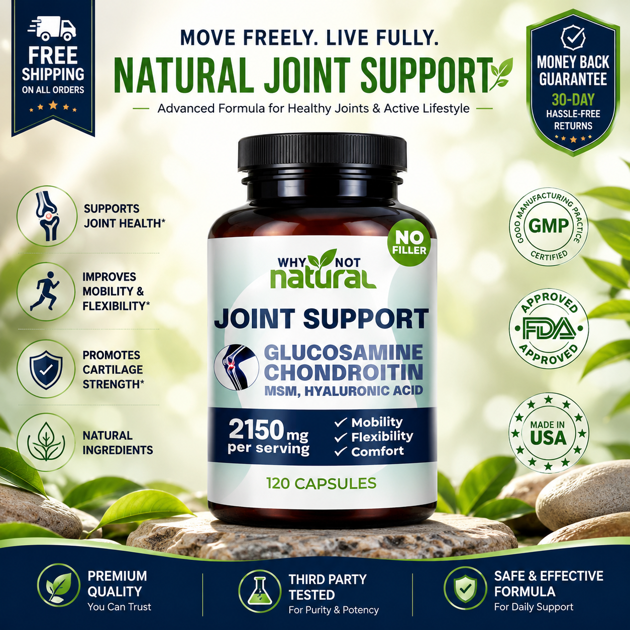 Why Not Natural Glucosamine Chondroitin MSM Joint Support Supplements - 120 Caps - 24hrsmart