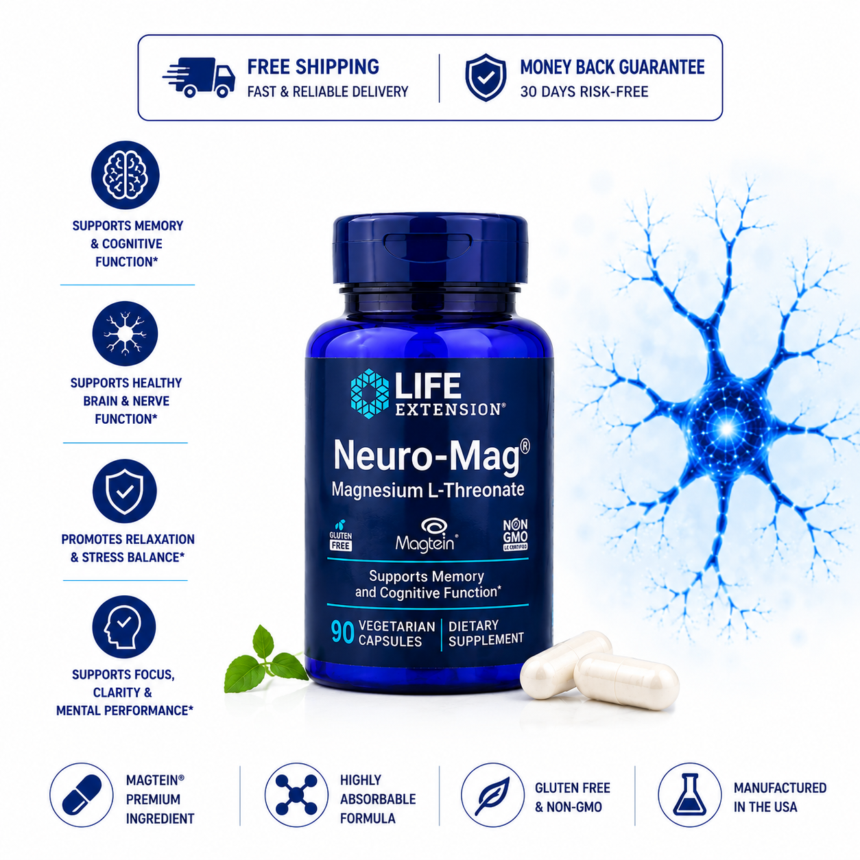 Neuro-Mag Magnesium L-Threonate from 2000 mg Magtein - Life Extension (90 Capsules) - 24hrsmart