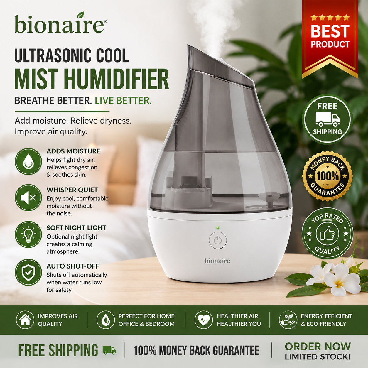 Holmes 0.5gal Virtually Silent Ultrasonic Cool Mist Humidifier