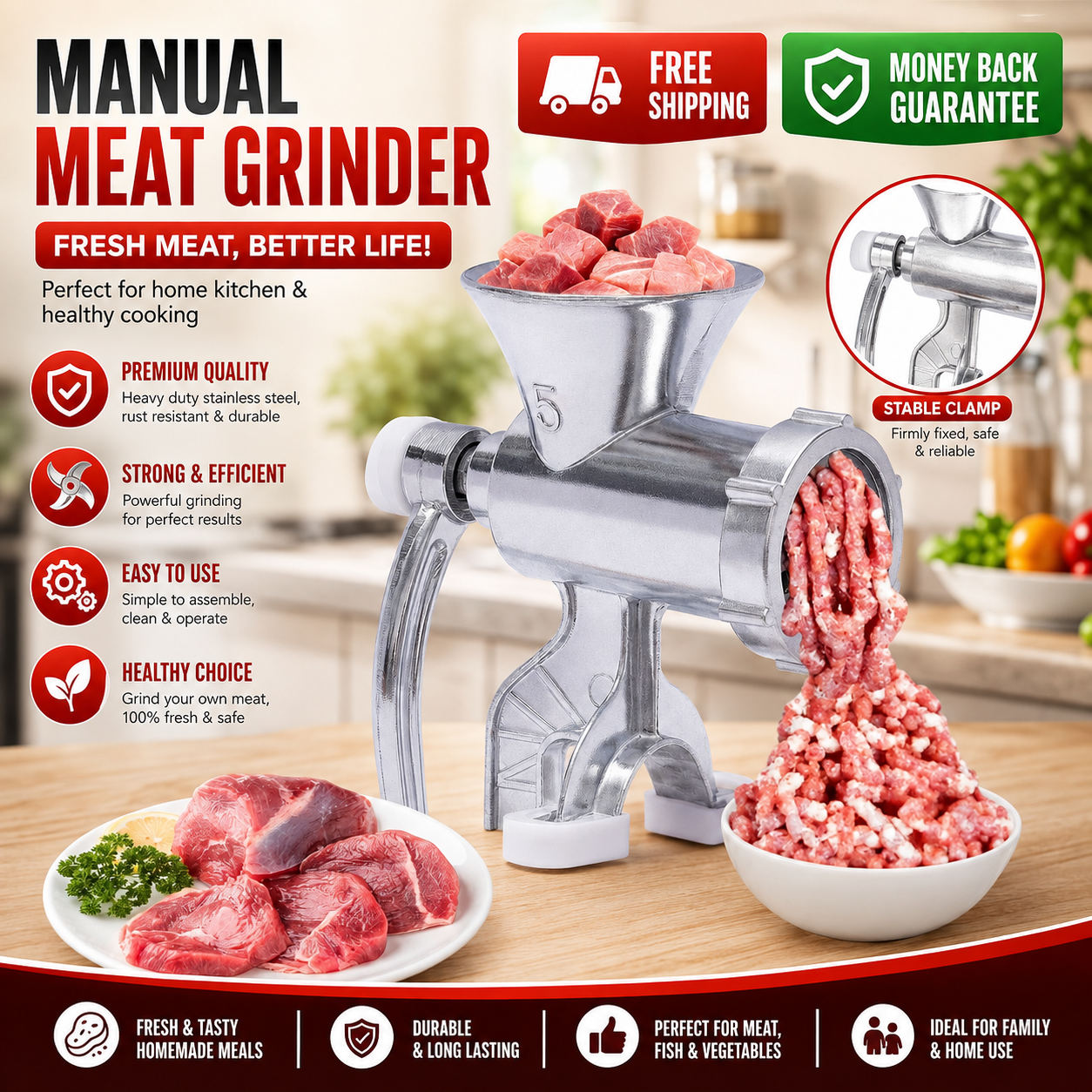 Heavy Duty Meat Grinder Mincer Stuffer Manual Sausage Filler Sauce Maker Machine - 24hrsmart
