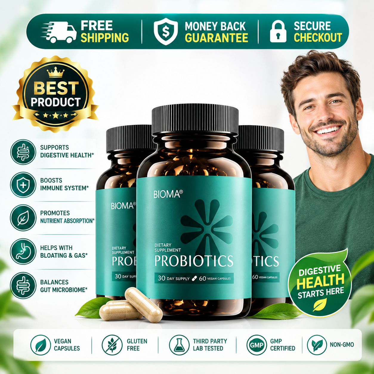 Bioma Synbiotic Probiotics for daily gut health and digestive wellness support.